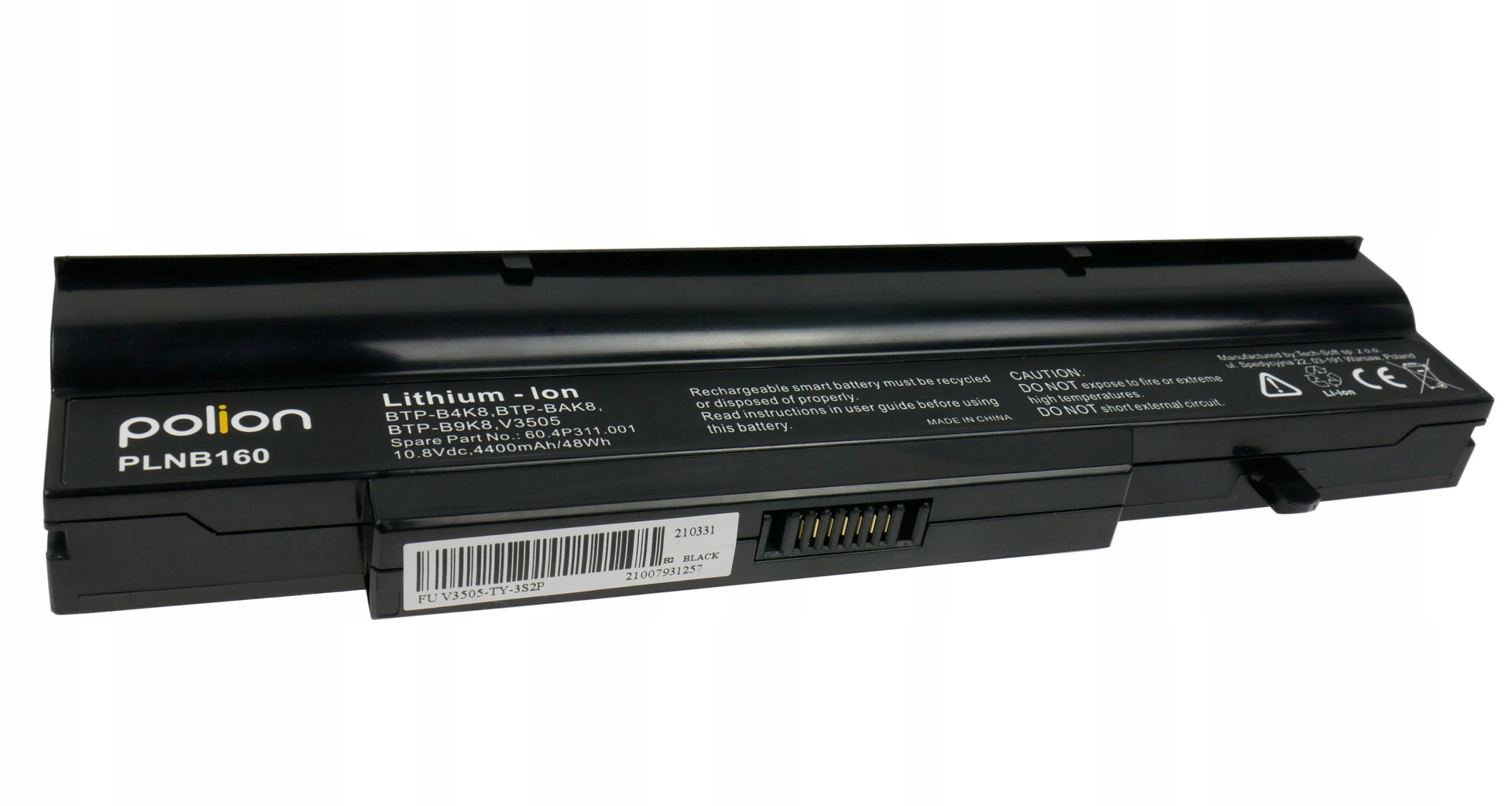 Czarna bateria Polion PLNB160 litowo-jonowa ze szczegółami technicznymi i ostrzeżeniami.