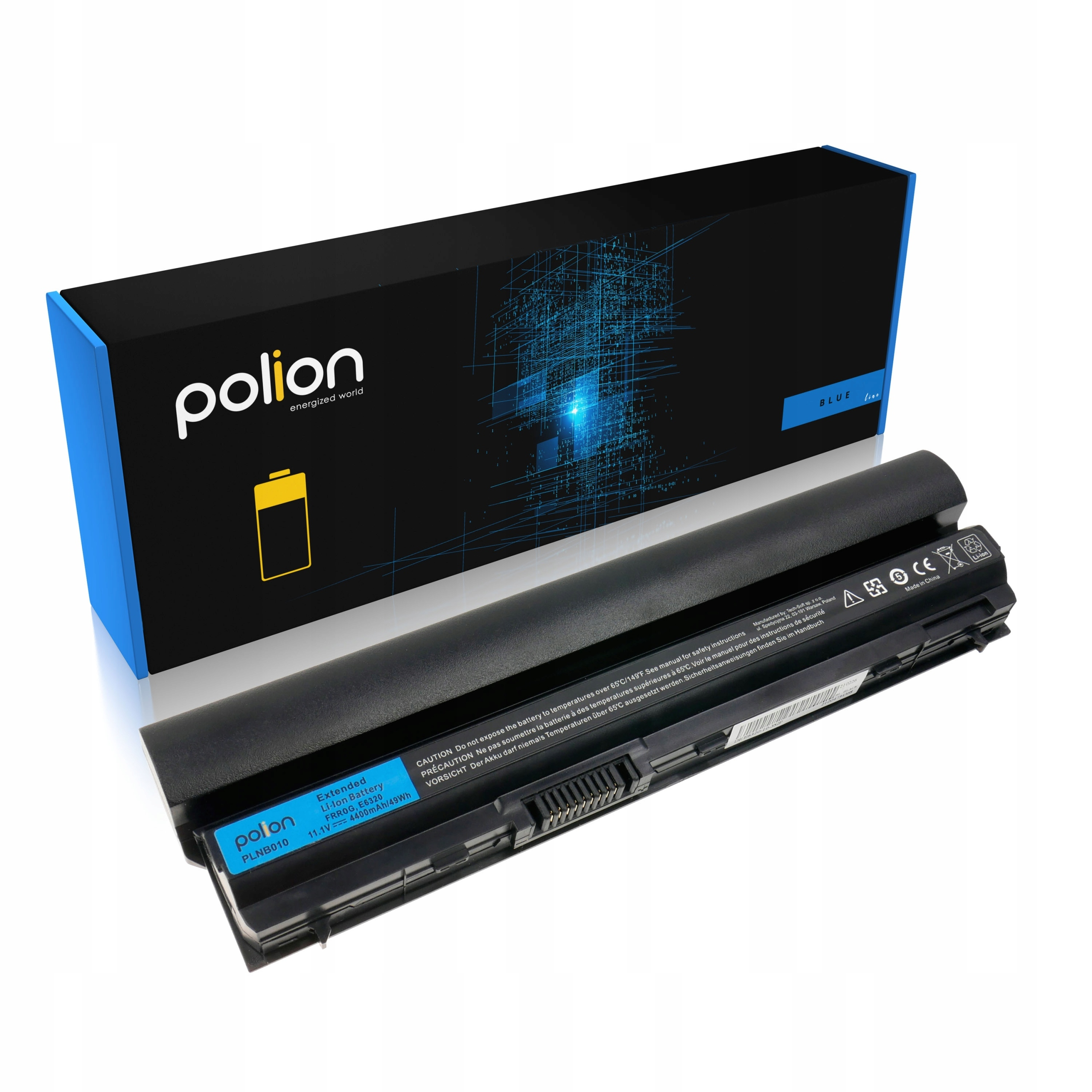 Czarna bateria do laptopa leży przed niebiesko-czarnym pudełkiem.