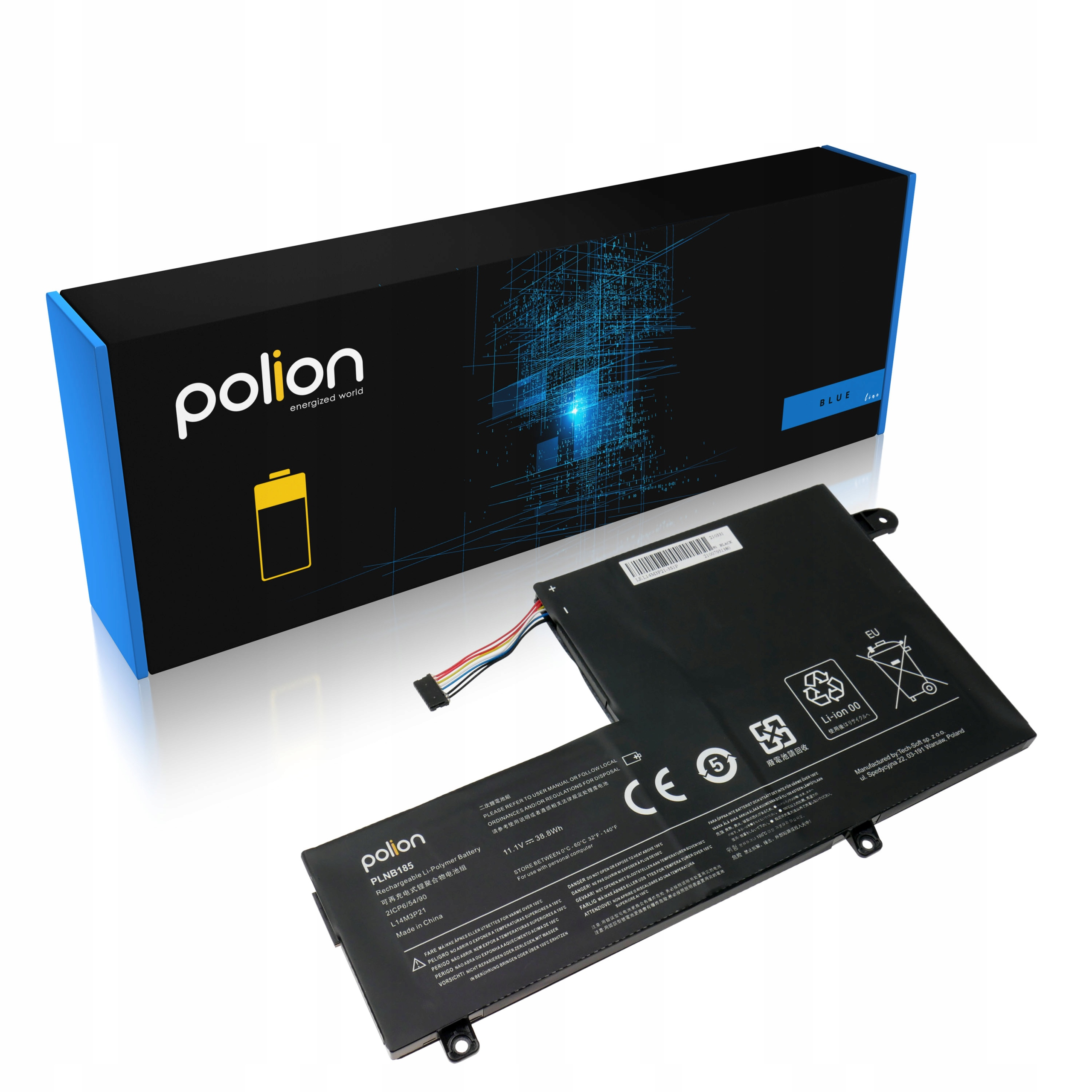 Czarna bateria do laptopa z kablami i pudełkiem. Etykiety na baterii i pudełku.