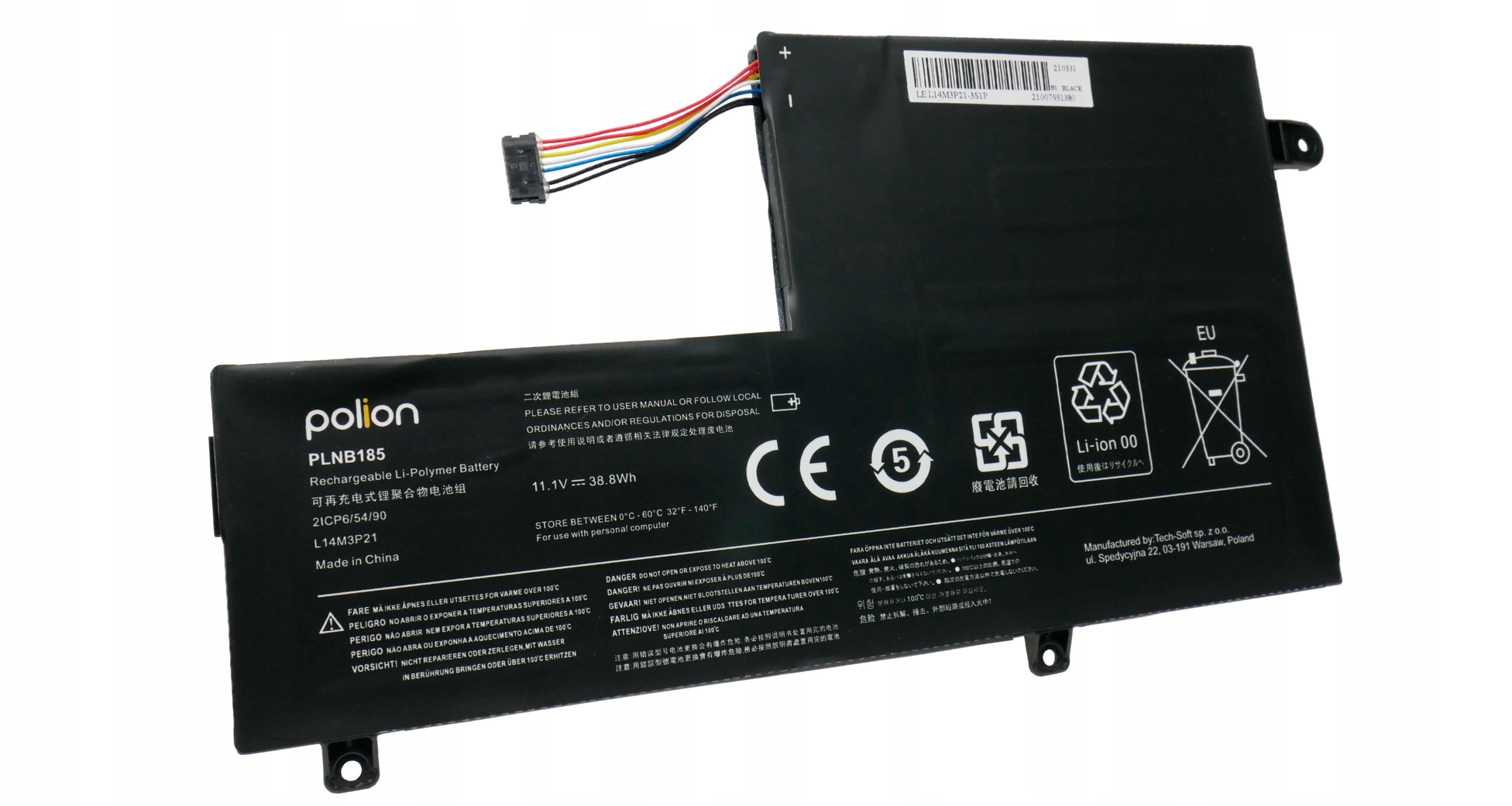 Czarny akumulator Polion PLNB185 Li-Polimer do laptopa z kablami i ostrzeżeniami.