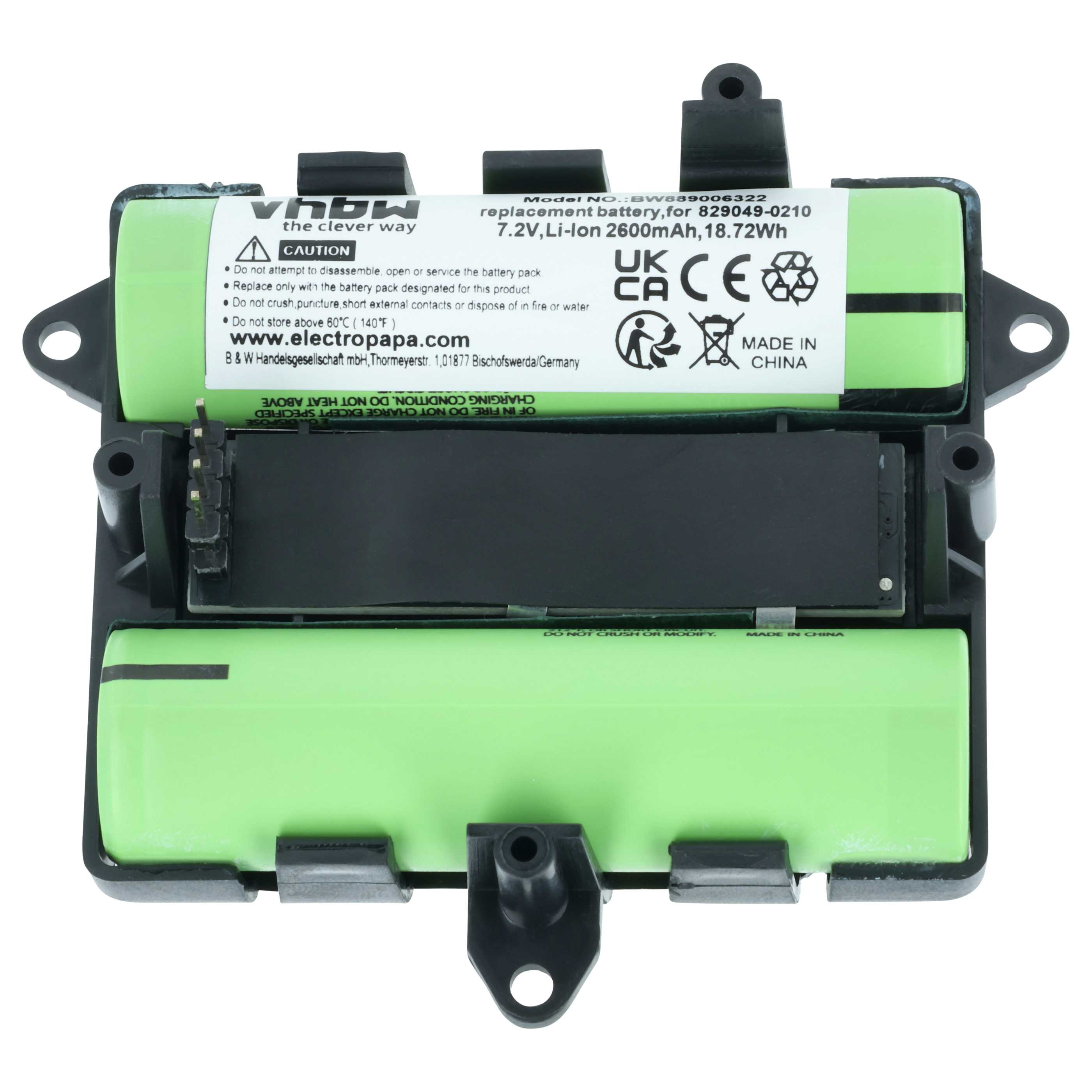 Ein grüner Li-Ion-Akku mit schwarzem Rahmen, Beschriftungen und Pins.
