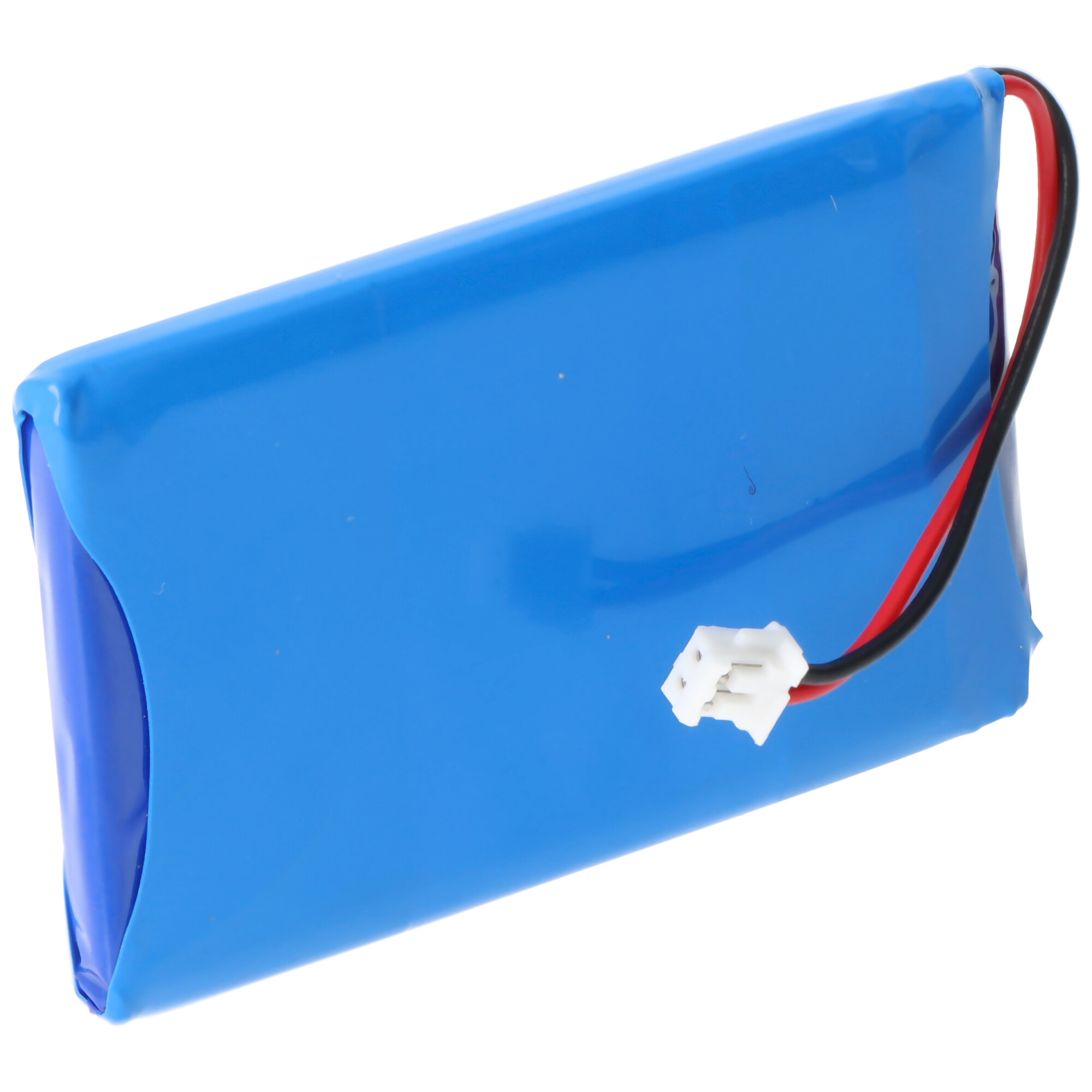 Blauer Akku mit rotem und schwarzem Kabel und weißem Stecker.