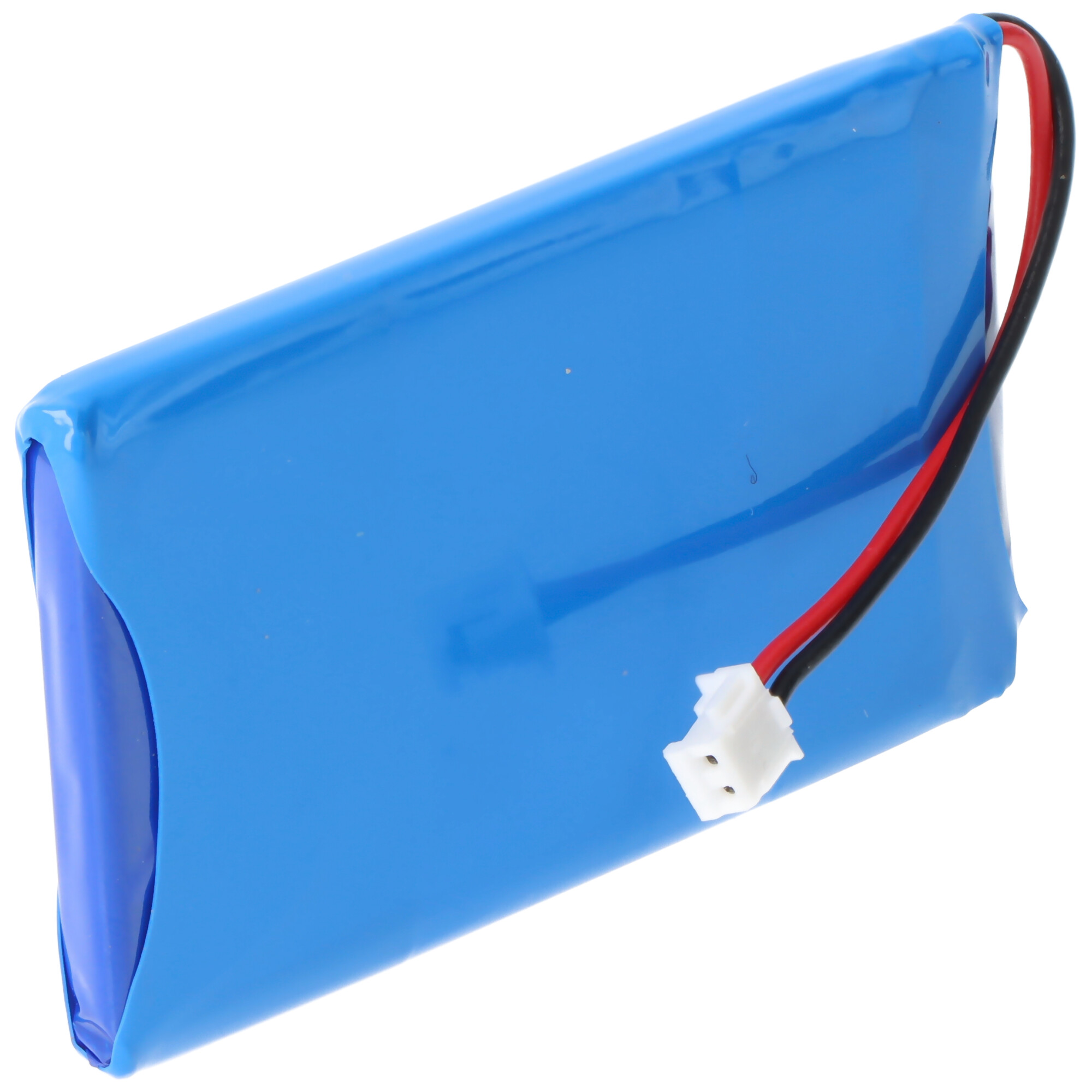 Ein blaues Akkupack mit schwarzen und roten Kabeln und einem weißen Stecker.