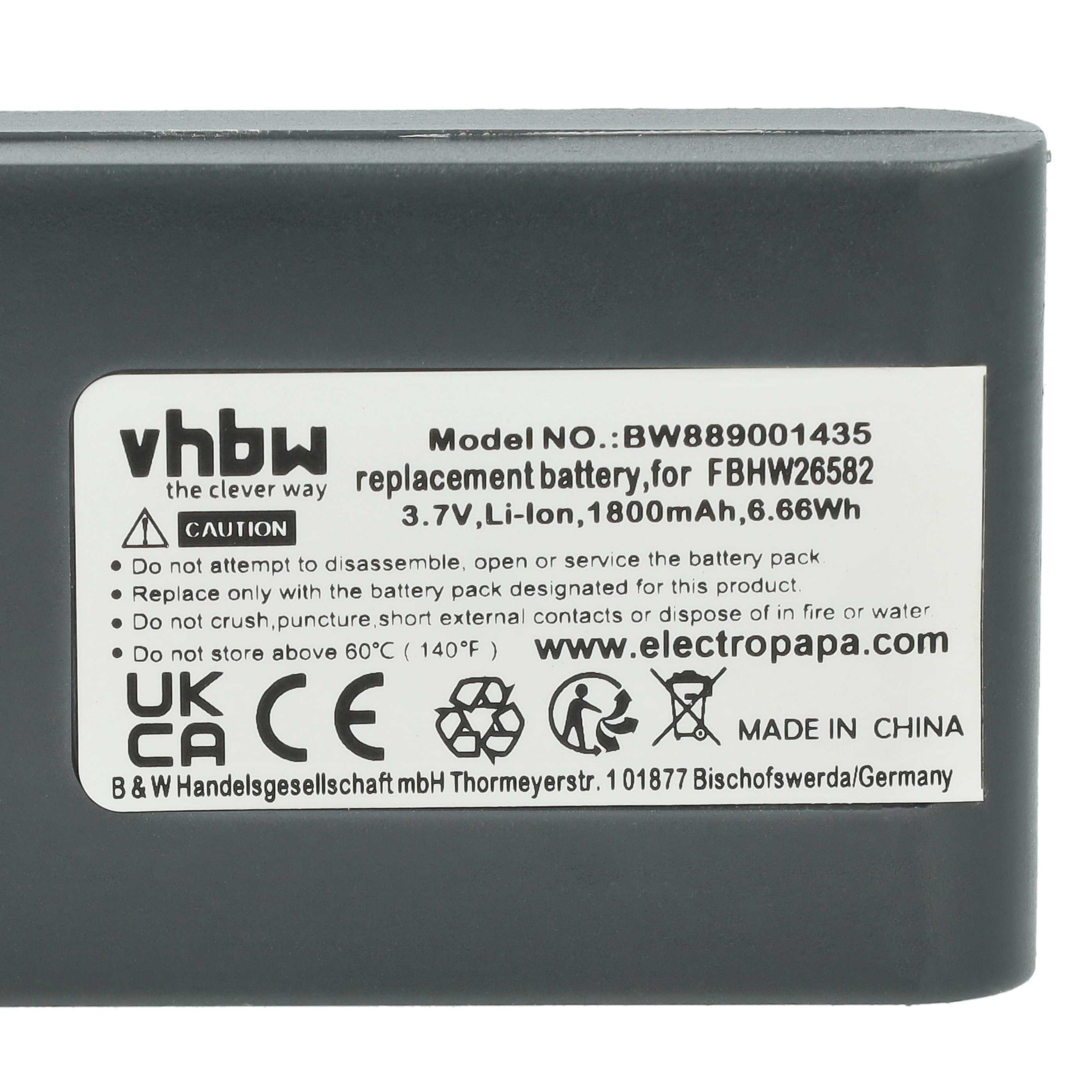 Grauer Akku mit weißem Etikett: vhbw, Modell BW889001435, 3.7V Li-Ion.