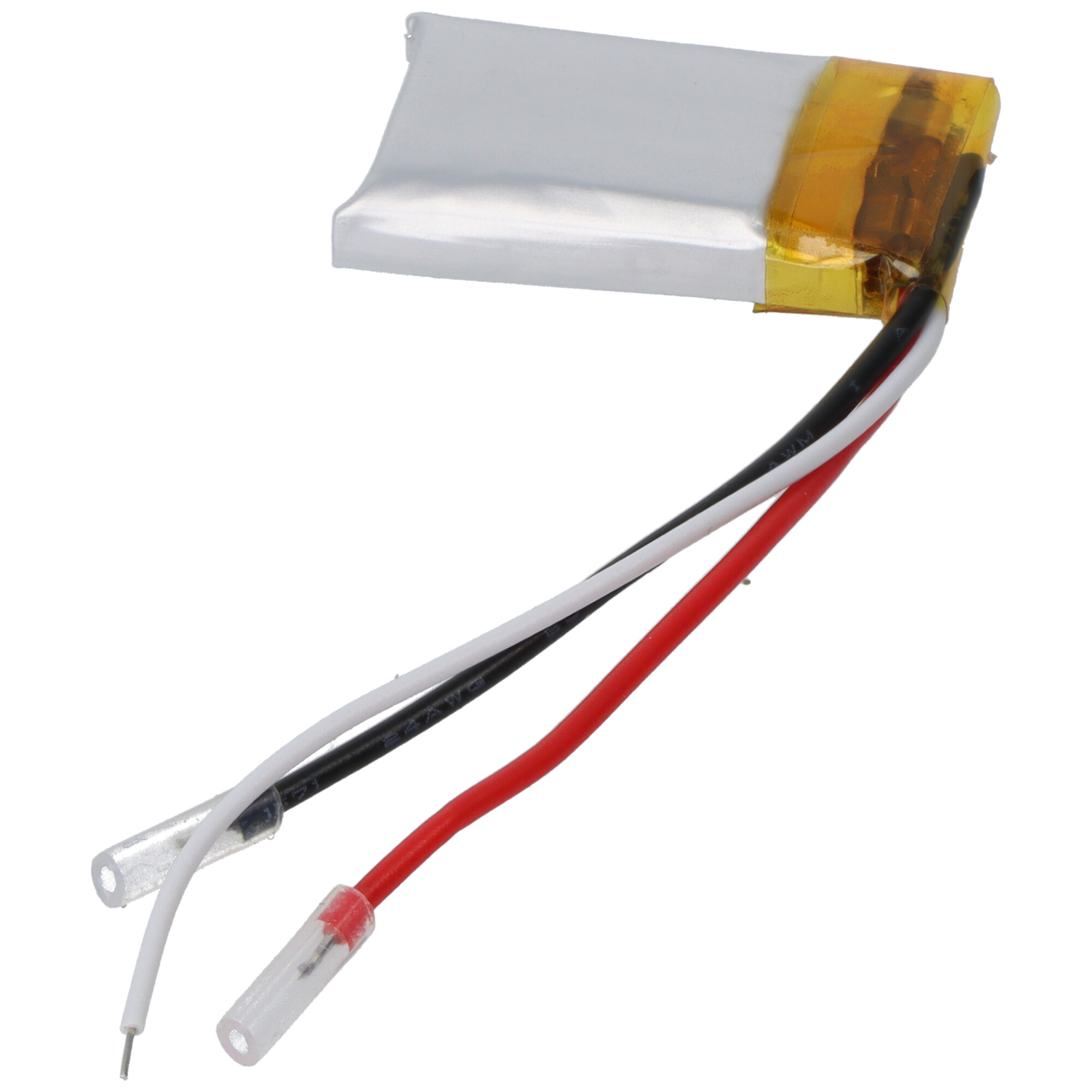 Ein flacher Lithium-Polymer-Akku mit drei Kabeln: weiß, schwarz und rot.