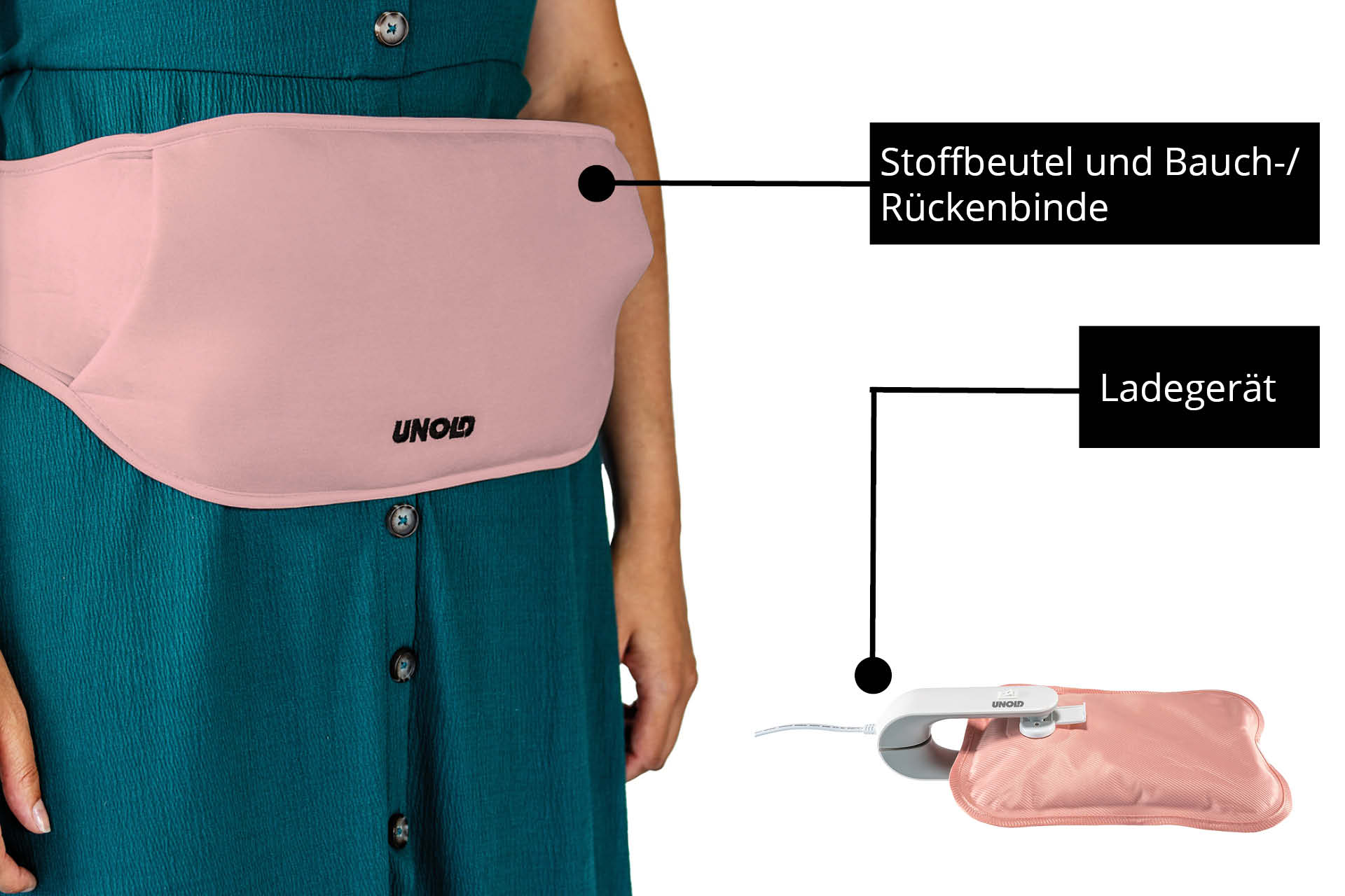 Eine Person trägt eine rosafarbene Bauch-/Rückenbinde über einem türkisfarbenen Kleid. Ein Ladegerät ist sichtbar.