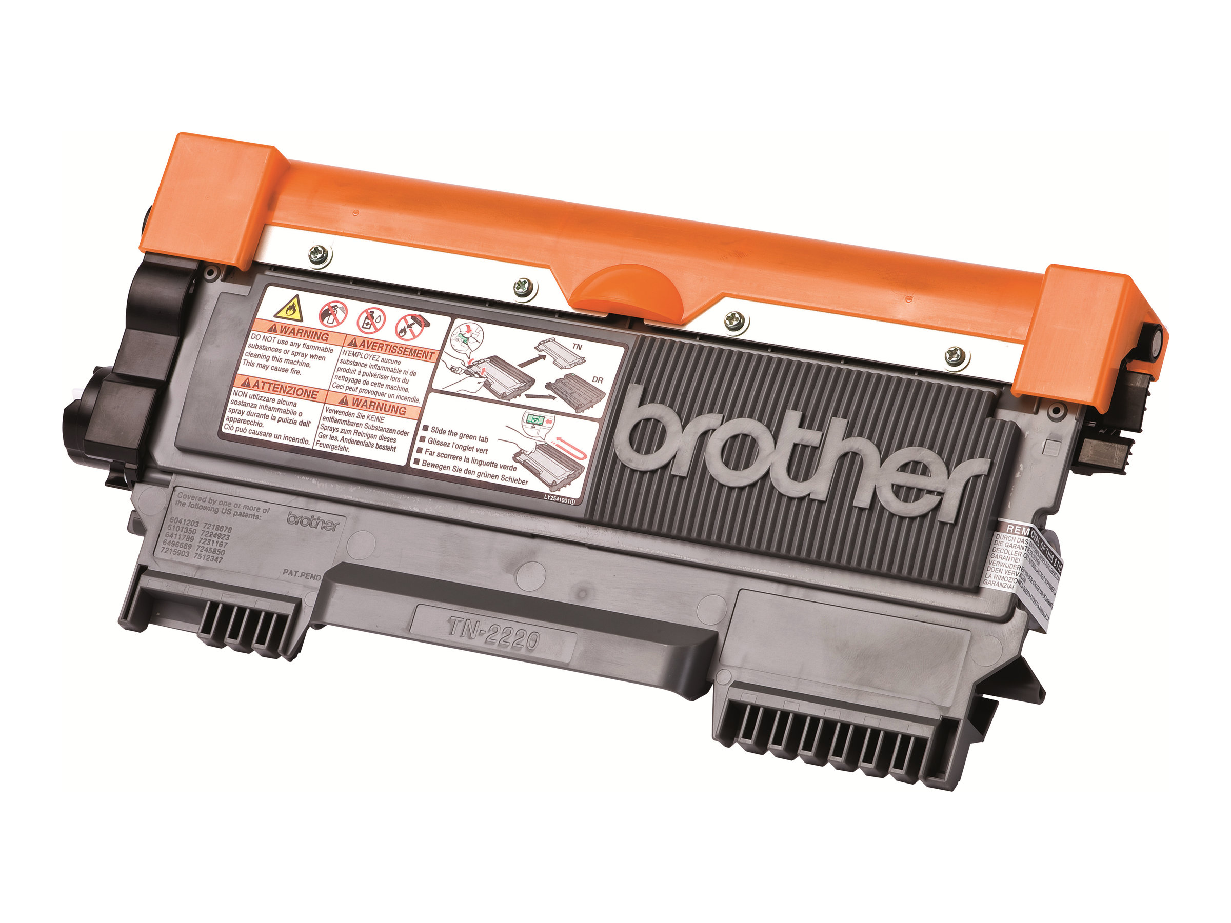 Toner Brother TN-2220 z pomarańczowym uchwytem i etykietami ostrzegawczymi.