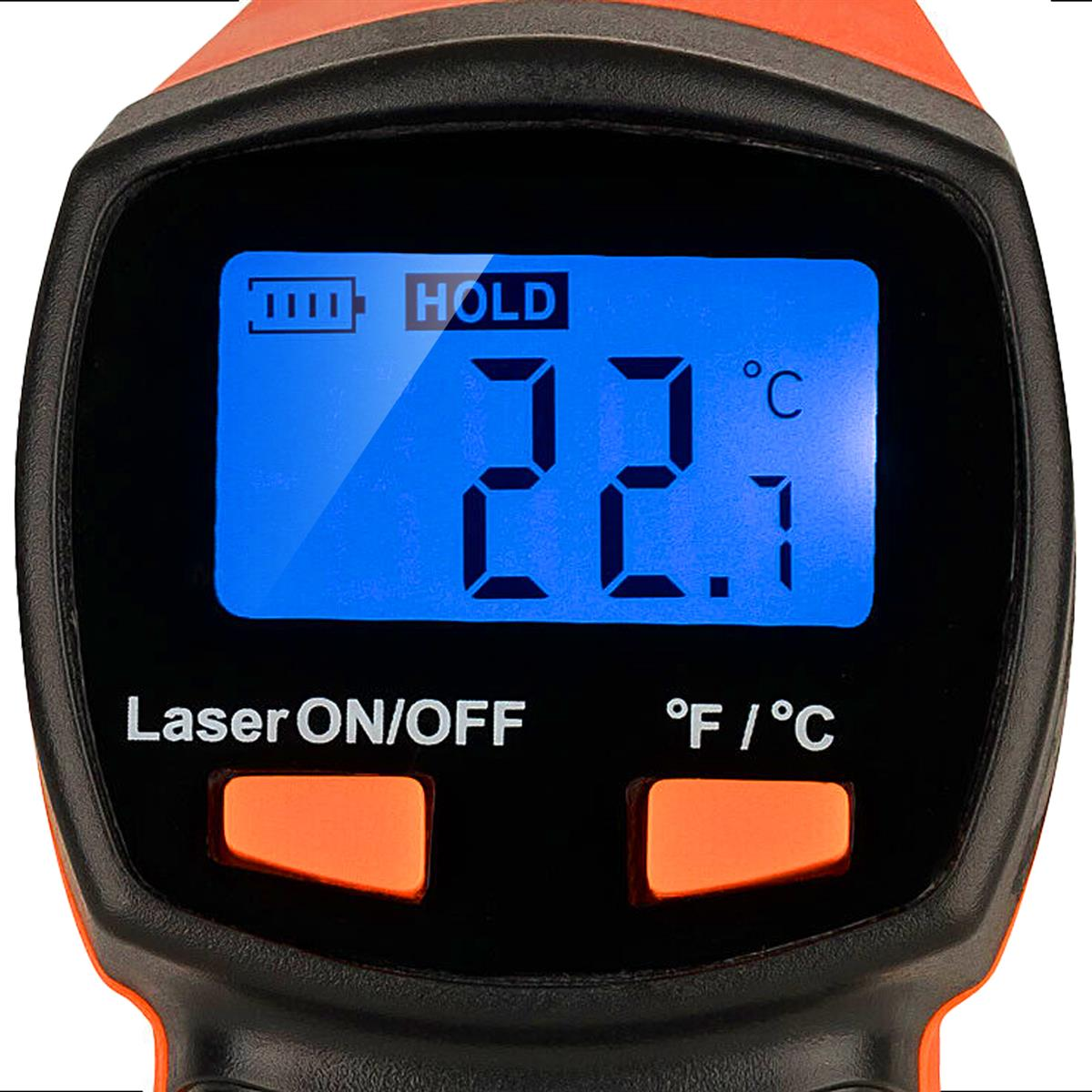 Ein Infrarot-Thermometer zeigt 22,1 Grad Celsius an. Es ist orange und schwarz.