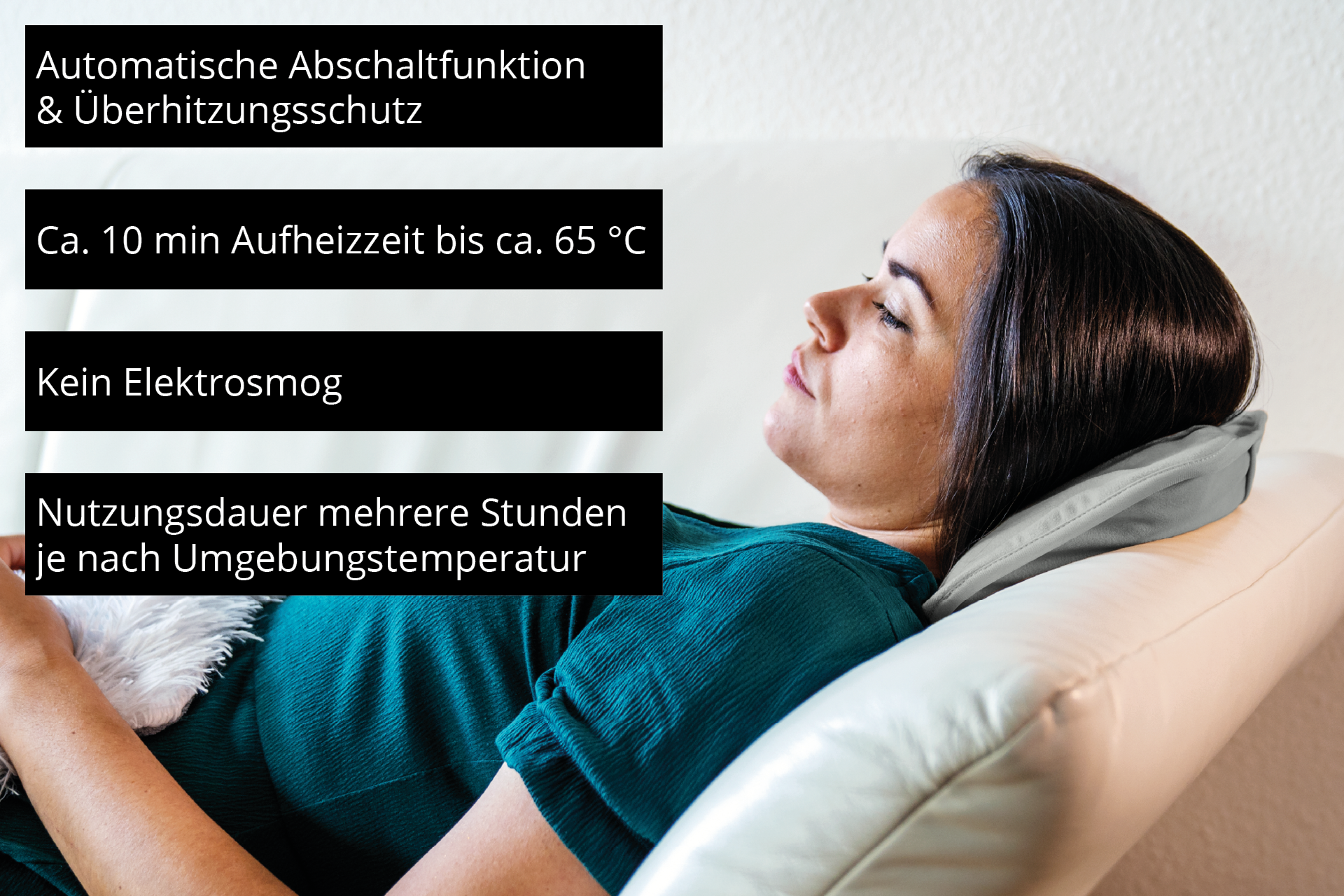 Frau entspannt sich, mit Text über Heizfunktion, Aufheizzeit, kein Elektrosmog.