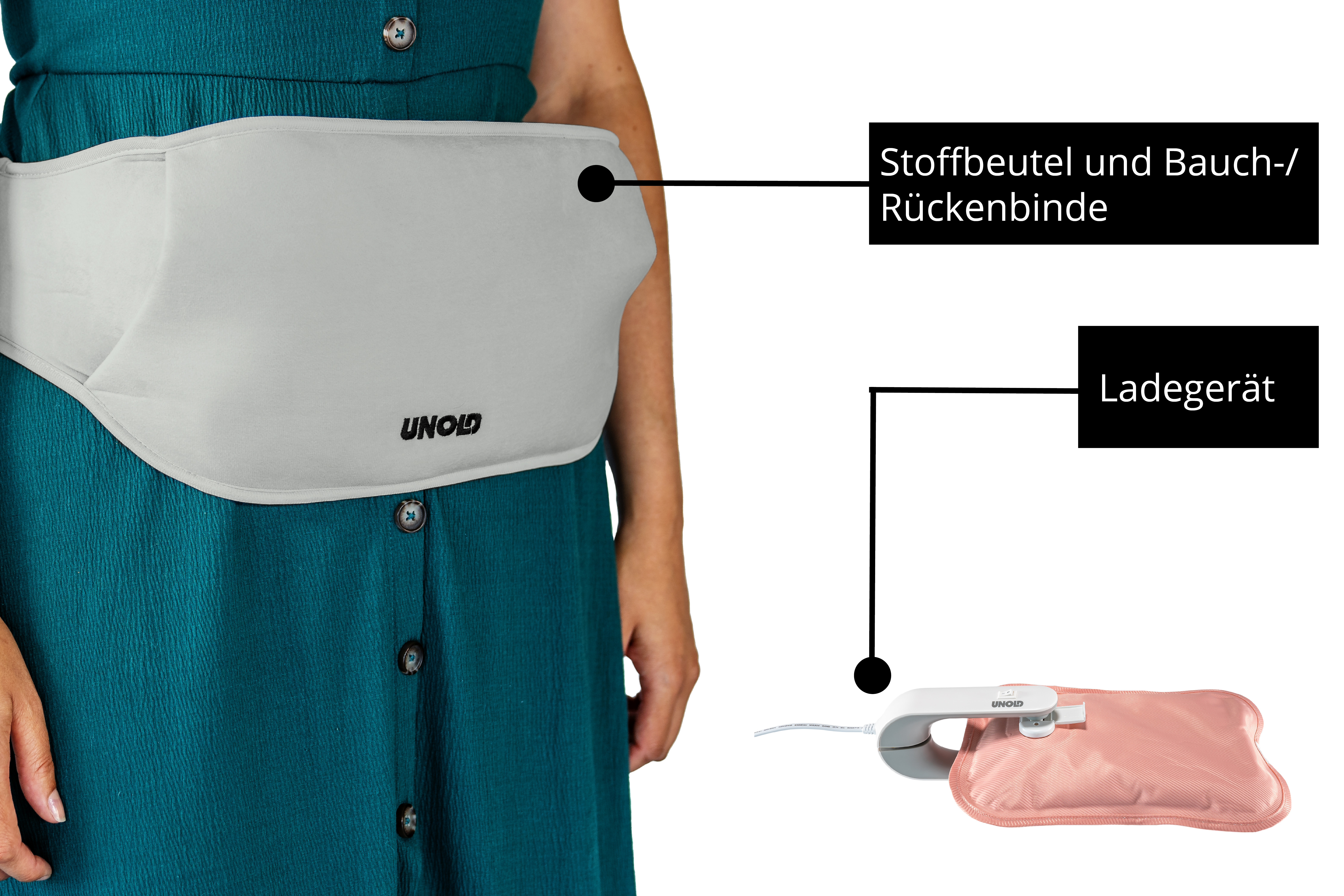 Eine Person trägt eine graue Bauch-/Rückenwärmewindel und ein Ladegerät.
