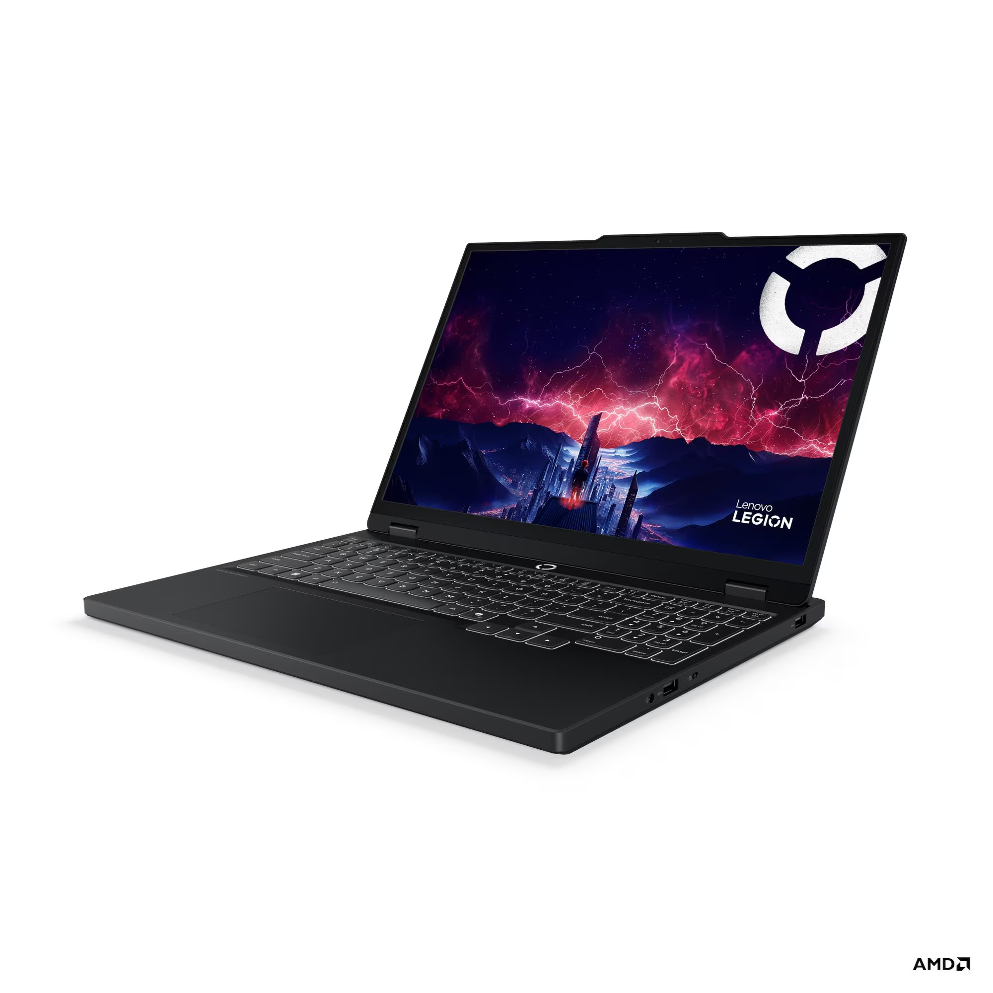 Parlak klavyeli siyah Lenovo Legion dizüstü bilgisayar ve fütüristik arka plan.