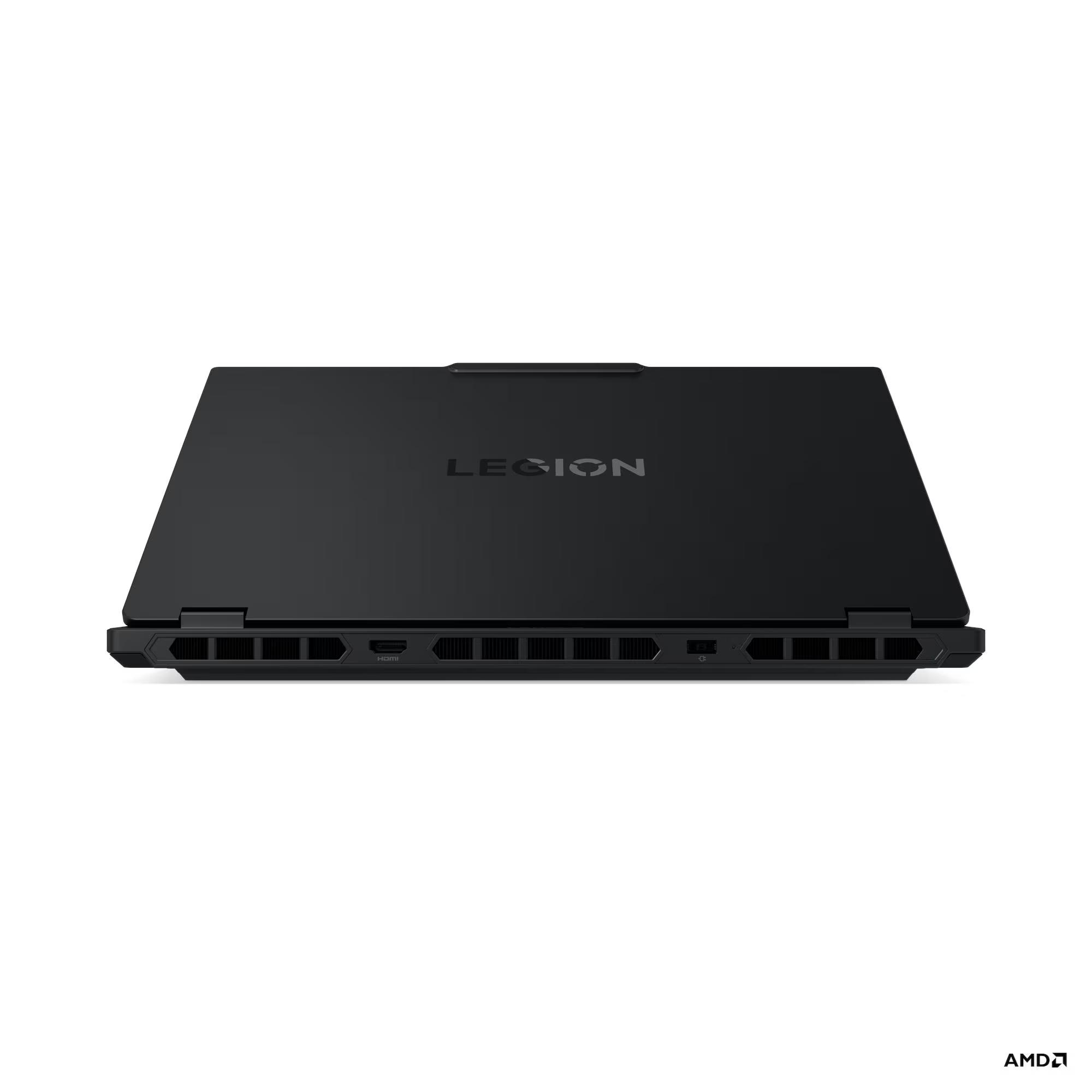 Siyah "LEGION" logolu dizüstü bilgisayar, HDMI bağlantı noktası ve havalandırma delikleri.