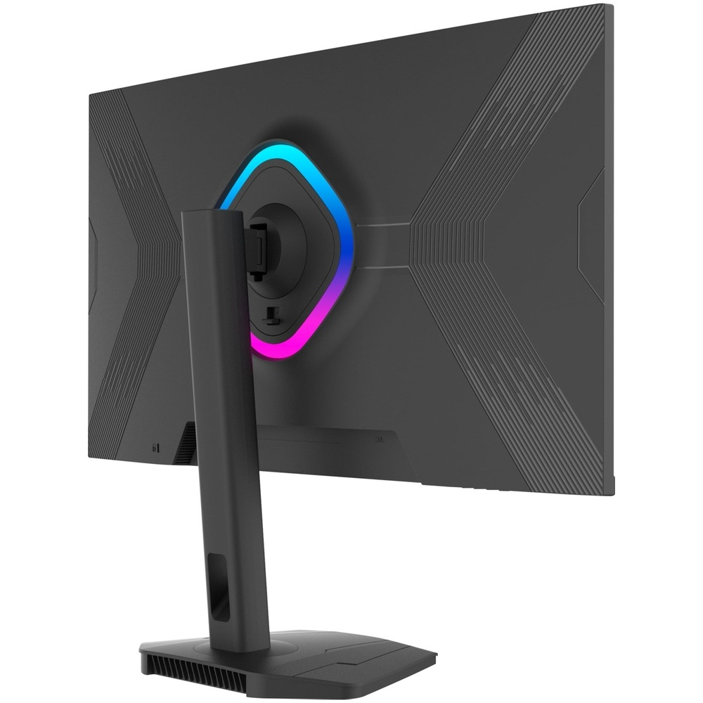 RGB aydınlatmalı siyah monitörün arkası ve şık standı.