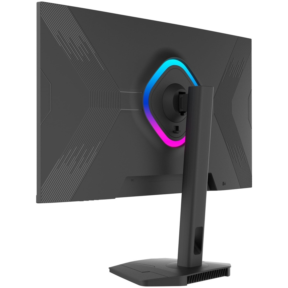 Stand üzerinde RGB aydınlatmalı siyah monitörün arkası.