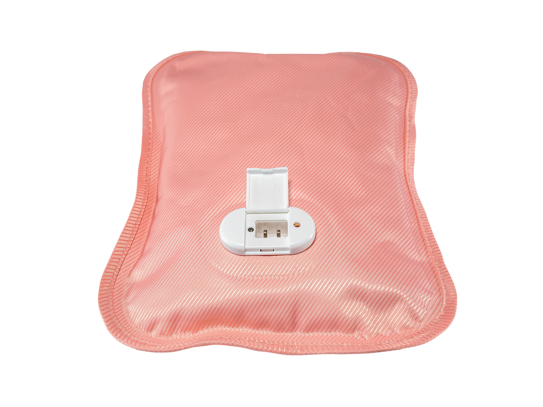 Różowy pokrowiec na termofor z białym wieczkiem komory baterii.