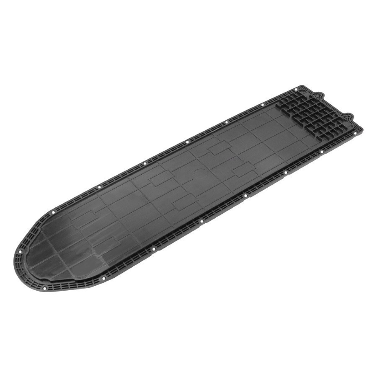 Czarny, podłużny element z zaokrąglonymi narożnikami i wieloma małymi otworami na krawędzi.