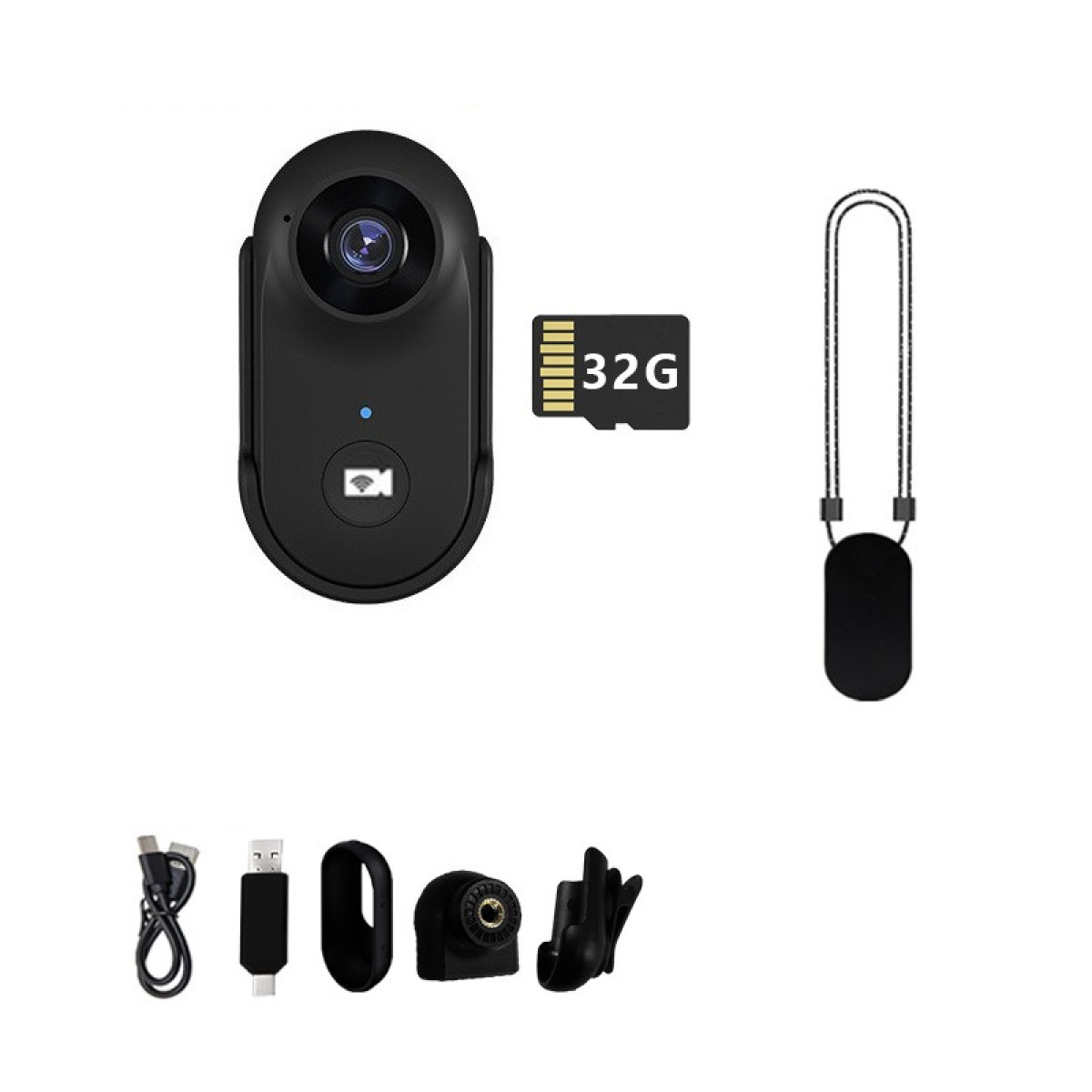 Czarna mini kamera z kartą pamięci 32 GB, kablami i mocowaniami.