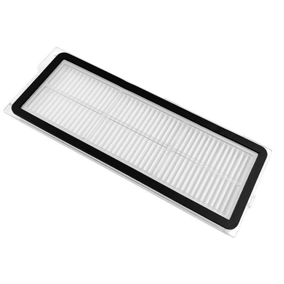 Een wit stofzuigerfilter met zwart frame op witte achtergrond.