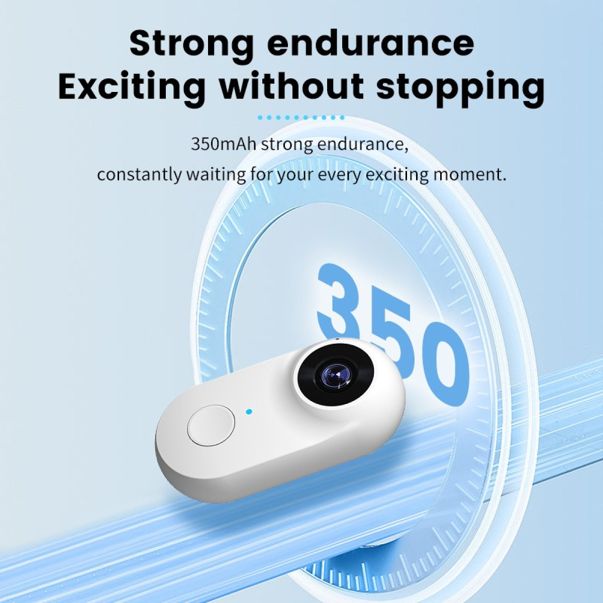 Białe mini urządzenie z kamerą i niebieskim światłem przed tarczą z cyfrą 350.