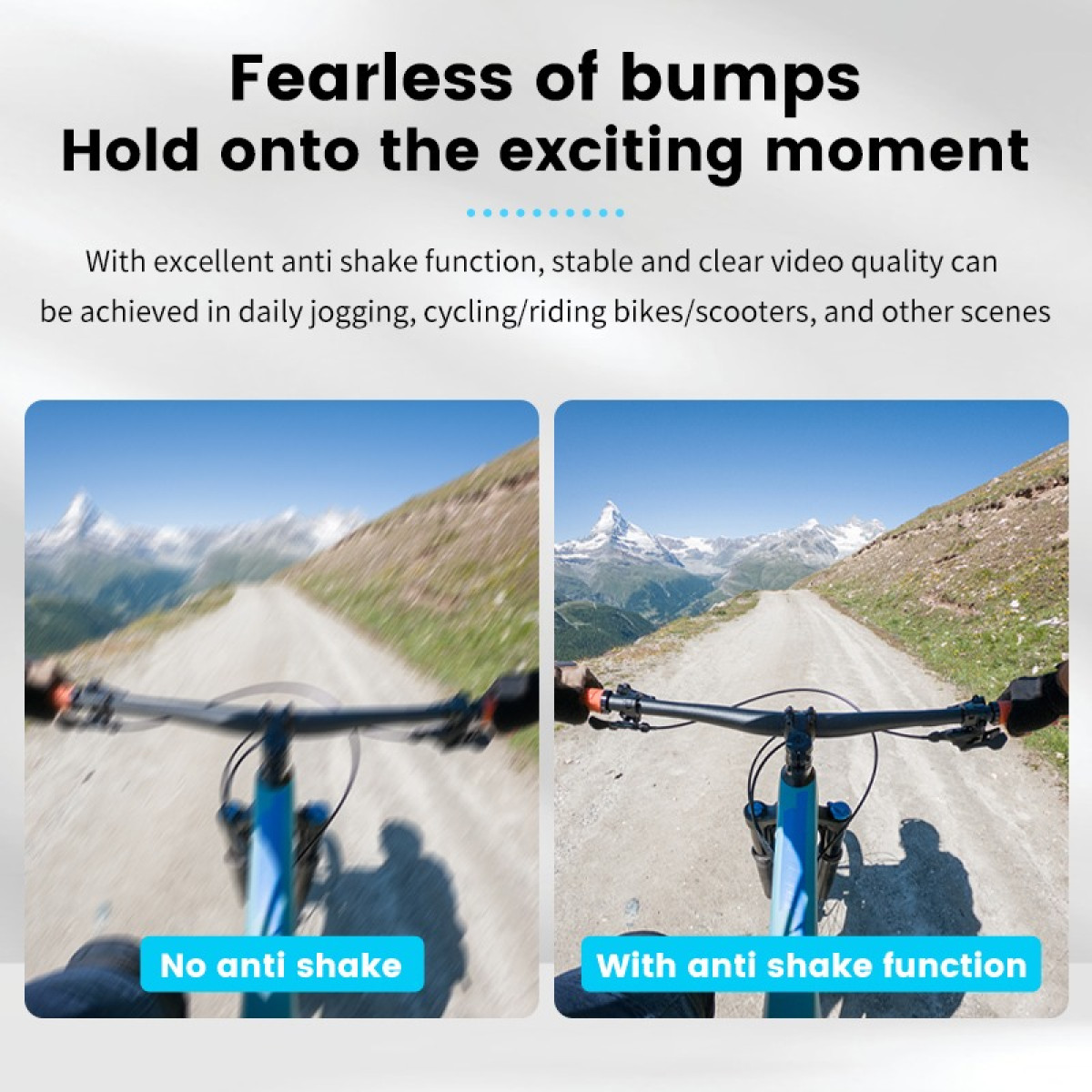 Dwa ujęcia POV z roweru na górskim szlaku: jedno rozmyte, jedno wyraźne.