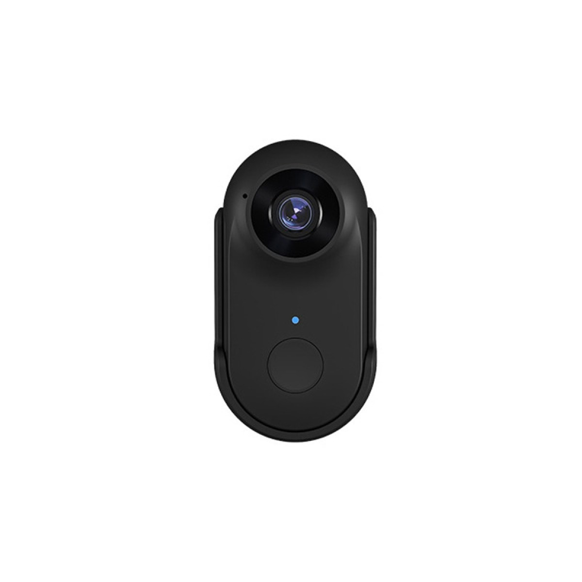 Czarna kamera 360 stopni z obiektywem i niebieskim światłem.