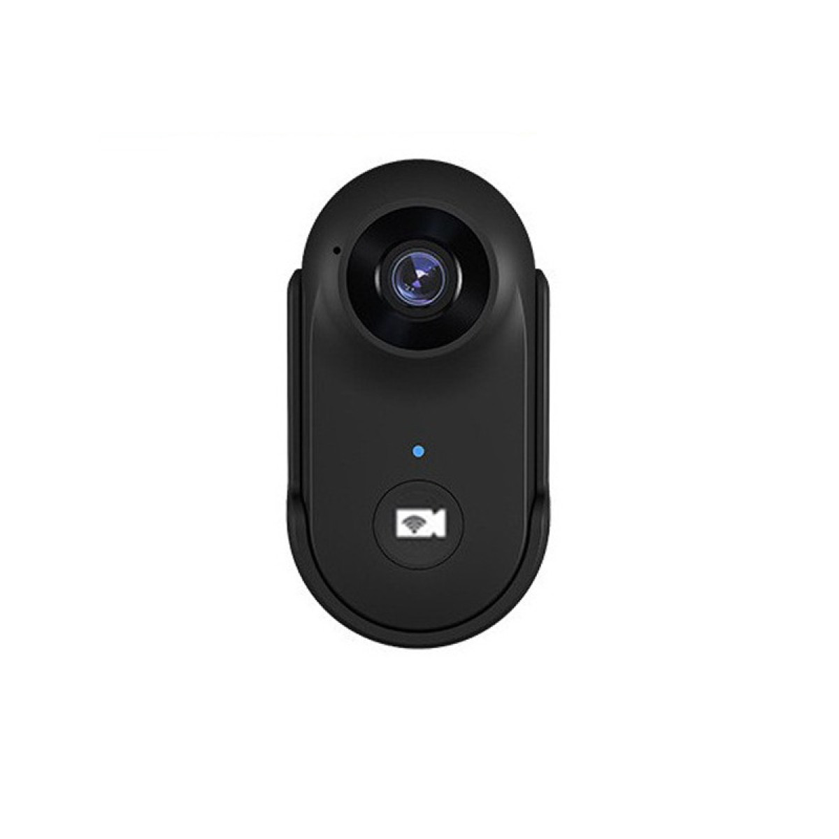 Czarna kamera z obiektywem, niebieskim światłem i ikoną wideo.