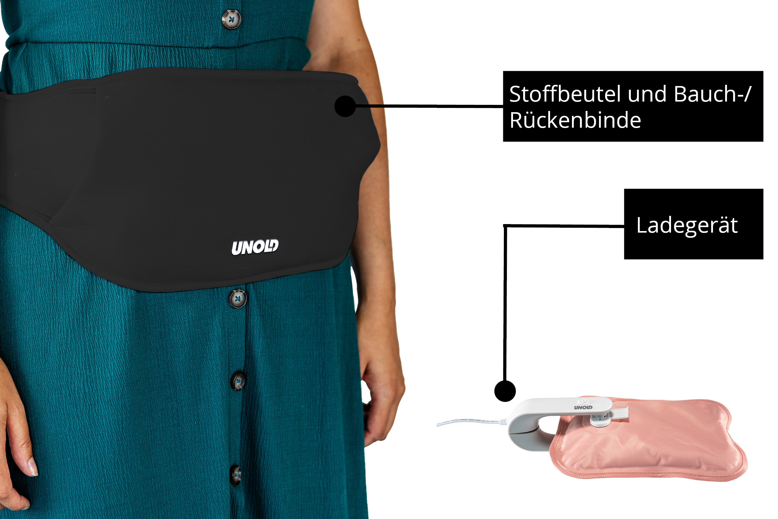 Ein Mann trägt eine schwarze Bauch-/Rückenbinde über einem türkisfarbenen Kleid.