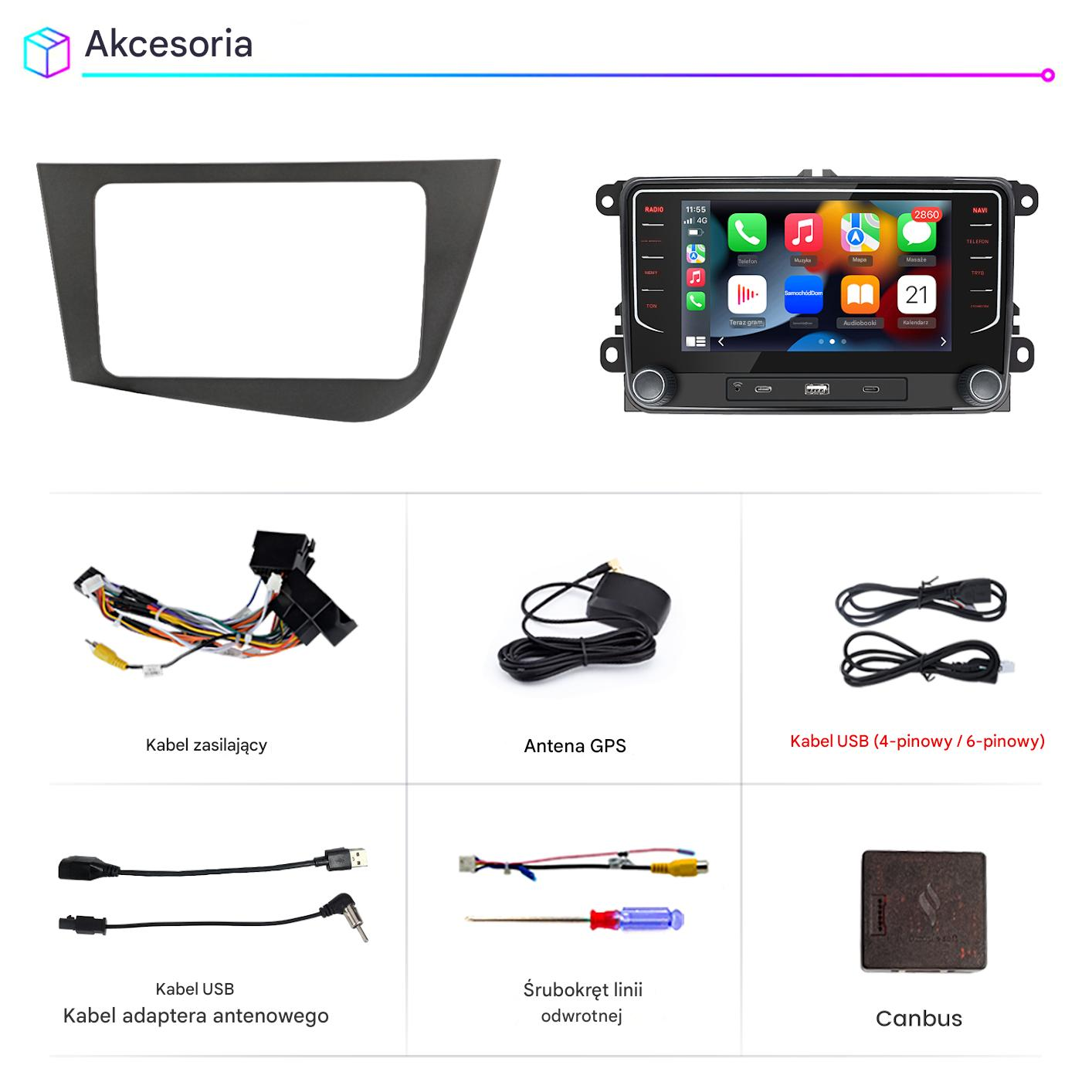 Panel deski rozdzielczej, radio samochodowe, kabel zasilający, antena GPS, kable USB i moduł Canbus.