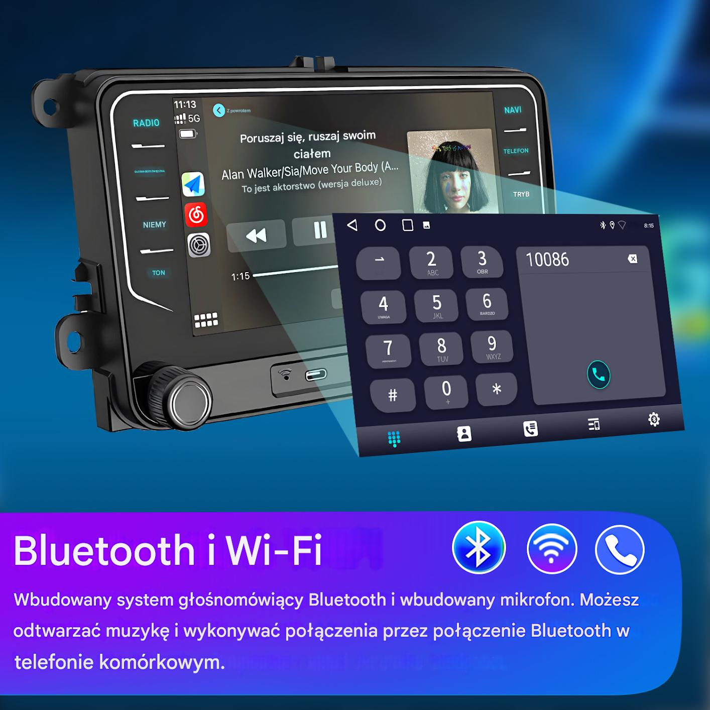 Ekran radia samochodowego pokazuje odtwarzanie muzyki, klawiaturę telefonu i ikony Bluetooth.