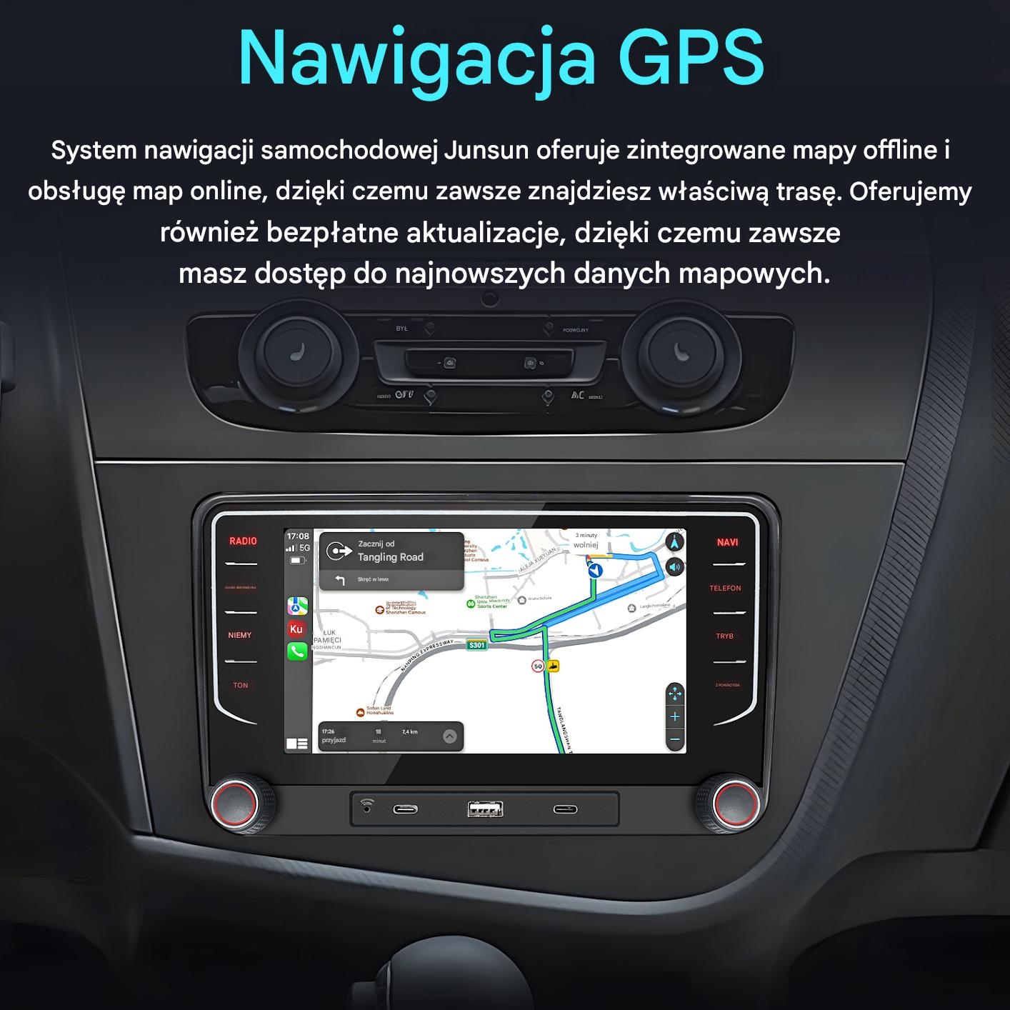 Deska rozdzielcza samochodu z ekranem nawigacji GPS wyświetlającym trasę na mapie.