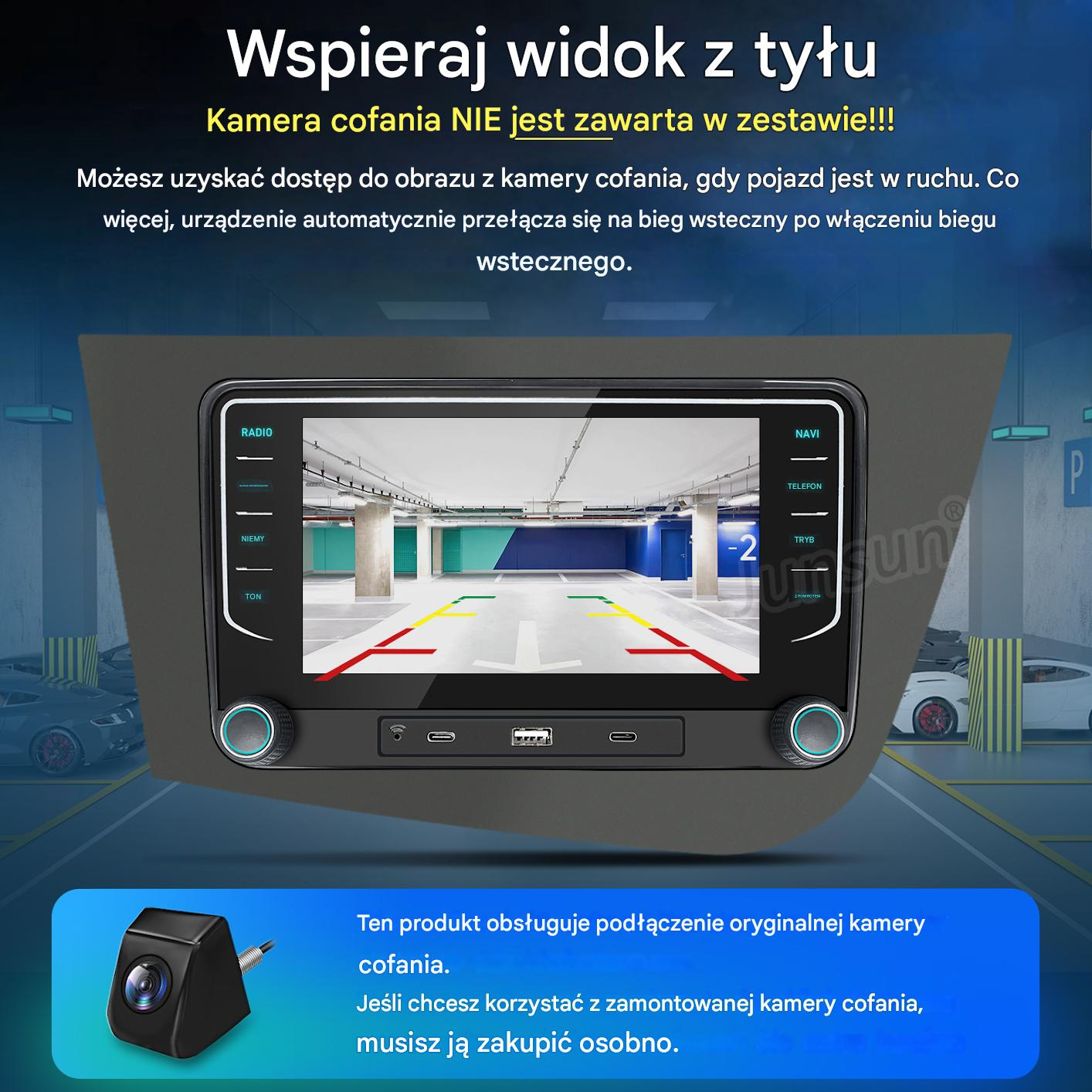 Radio samochodowe wyświetla widok parkowania z liniami pomocniczymi i kamerą cofania.