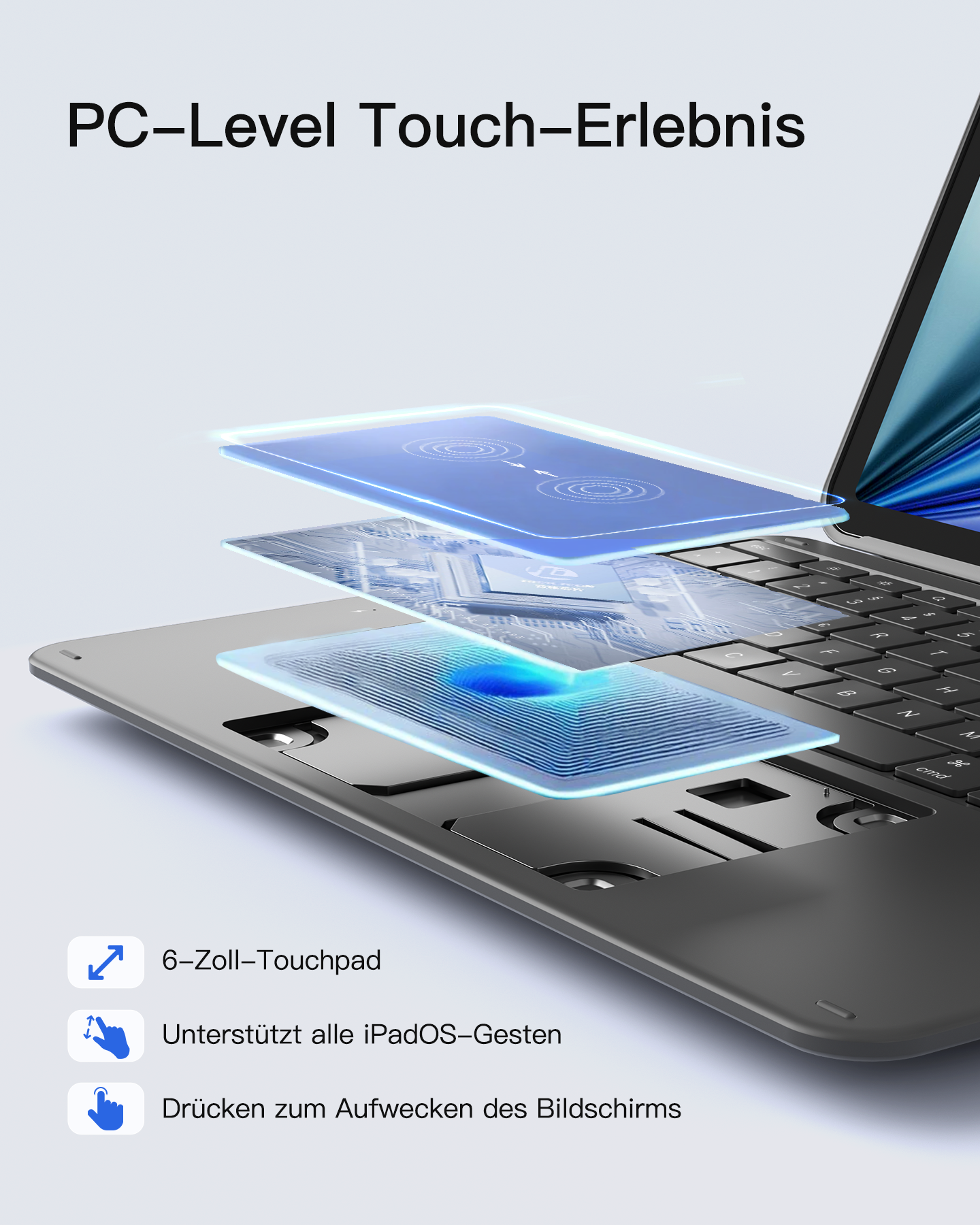 Ein Laptop-Touchpad mit drei leuchtenden Ebenen, die Funktionen darstellen.
