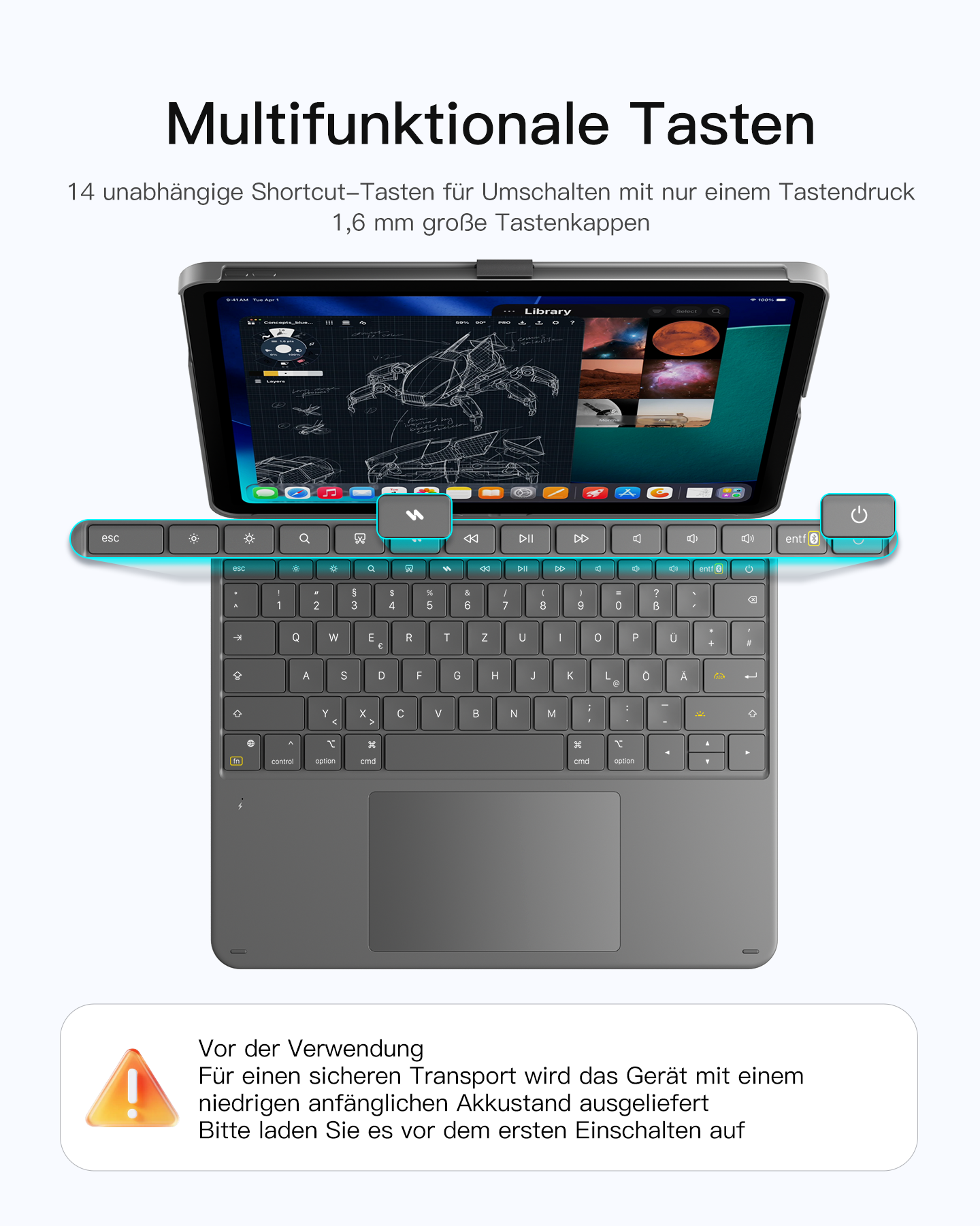 Ein Tablet mit Tastatur, das auf dem Bildschirm technische Zeichnungen anzeigt.