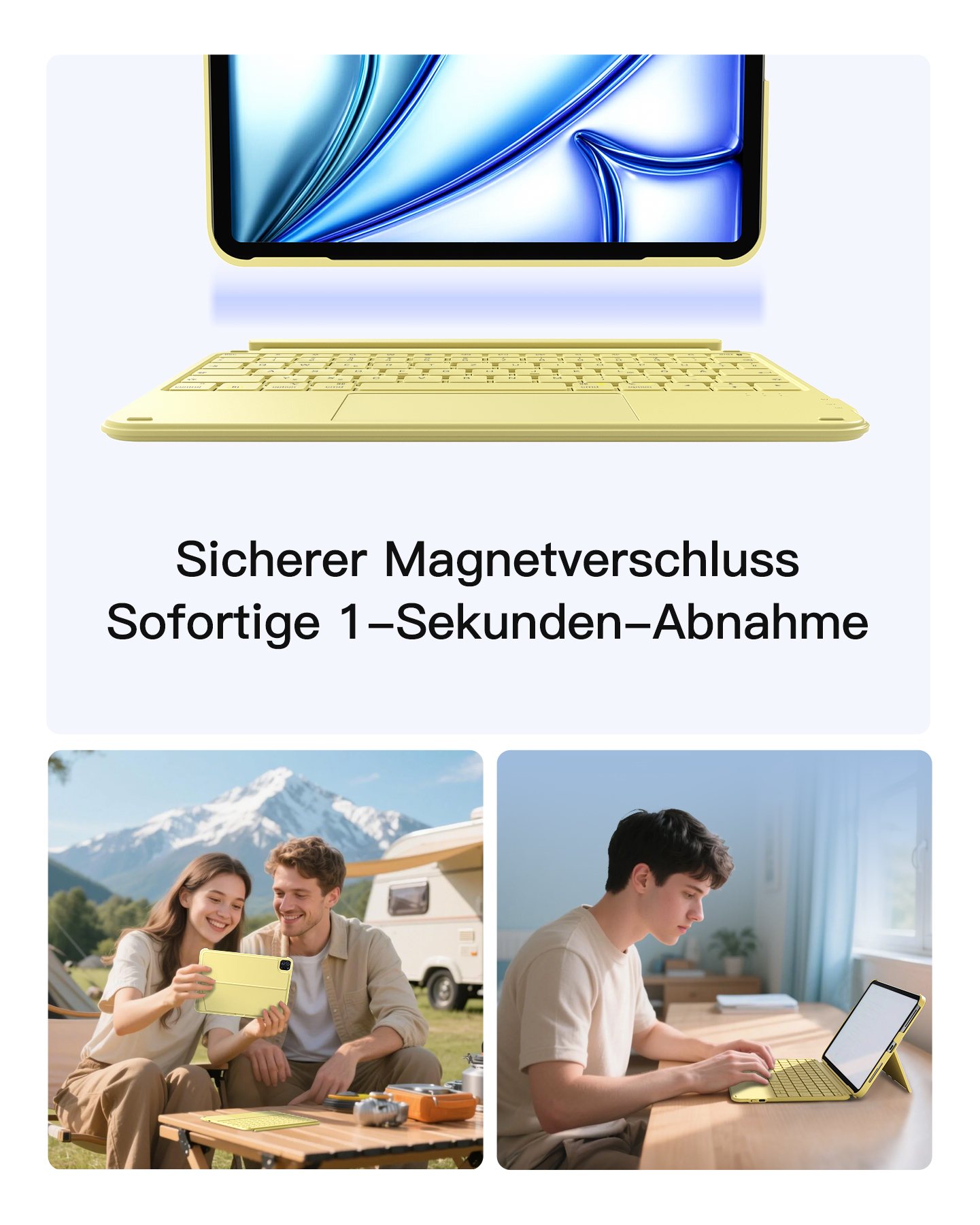 Gelbes Tablet mit Tastatur, Paar beim Campen, Mann am Schreibtisch.