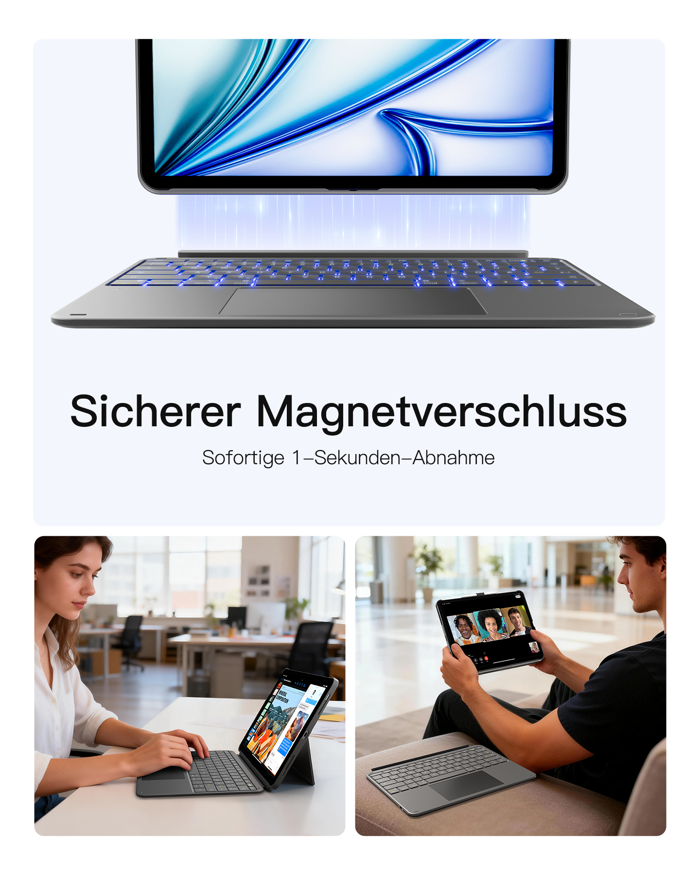 Tablet mit Tastatur und Hintergrundbeleuchtung, Frau im Büro, Mann im Videoanruf.