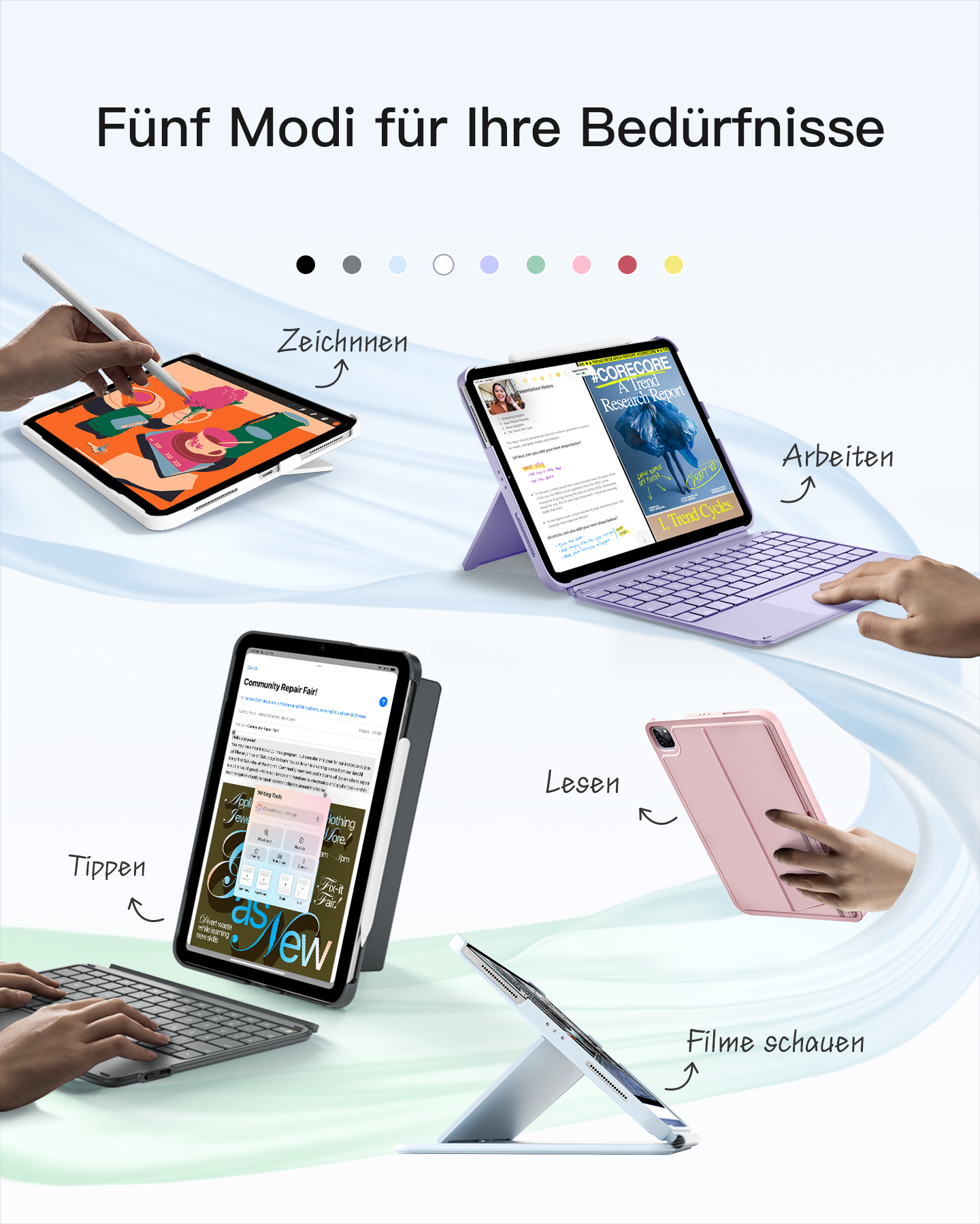 Ein iPad wird zum Zeichnen, Arbeiten, Lesen, Tippen und Filme schauen verwendet.