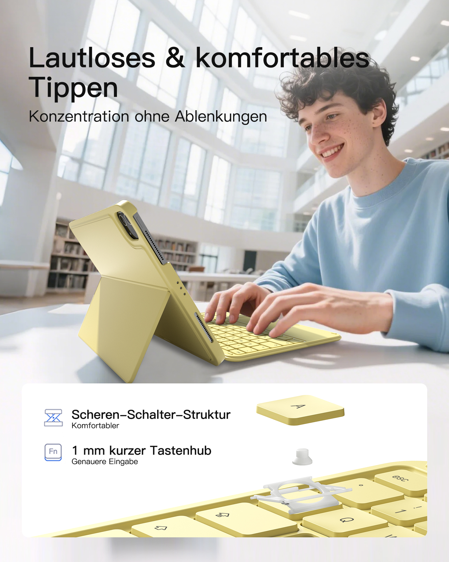 Ein Mann tippt auf einer gelben Tastatur mit einem Tablet im Ständer. Details zu Tasten und Mechanismus.