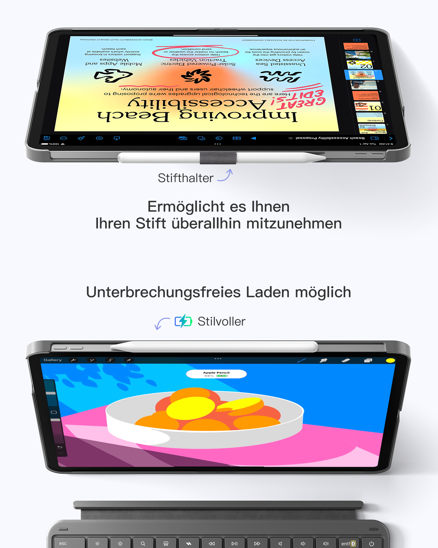Ein Tablet mit Stifthalter und Tastatur. Der Bildschirm zeigt eine Präsentation.