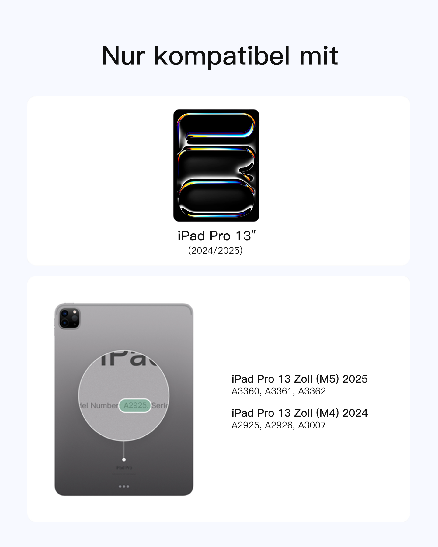 Bild zeigt zwei iPad Pro Modelle: Ein schematisches Bild des iPad Pro 13" und ein iPad Pro mit Modellnummern.