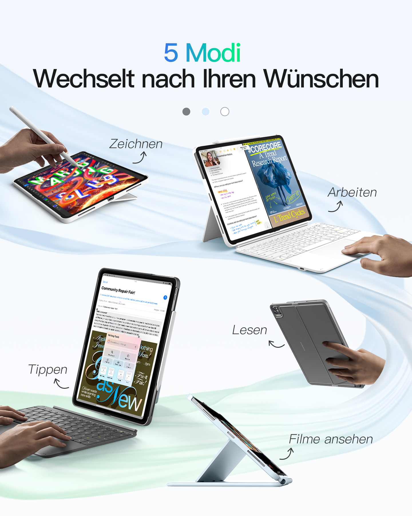 Ein Tablet wird zum Zeichnen, Arbeiten, Lesen und Filme ansehen gezeigt.