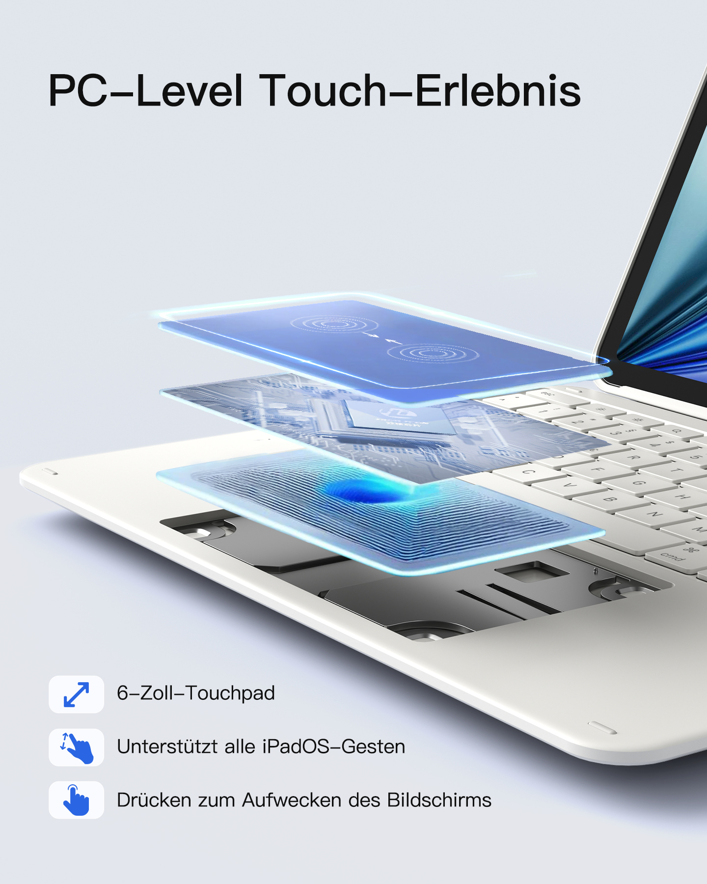 Eine weiße Tastatur mit einem schematischen Touchpad überlagert. 6 Zoll Touchpad.