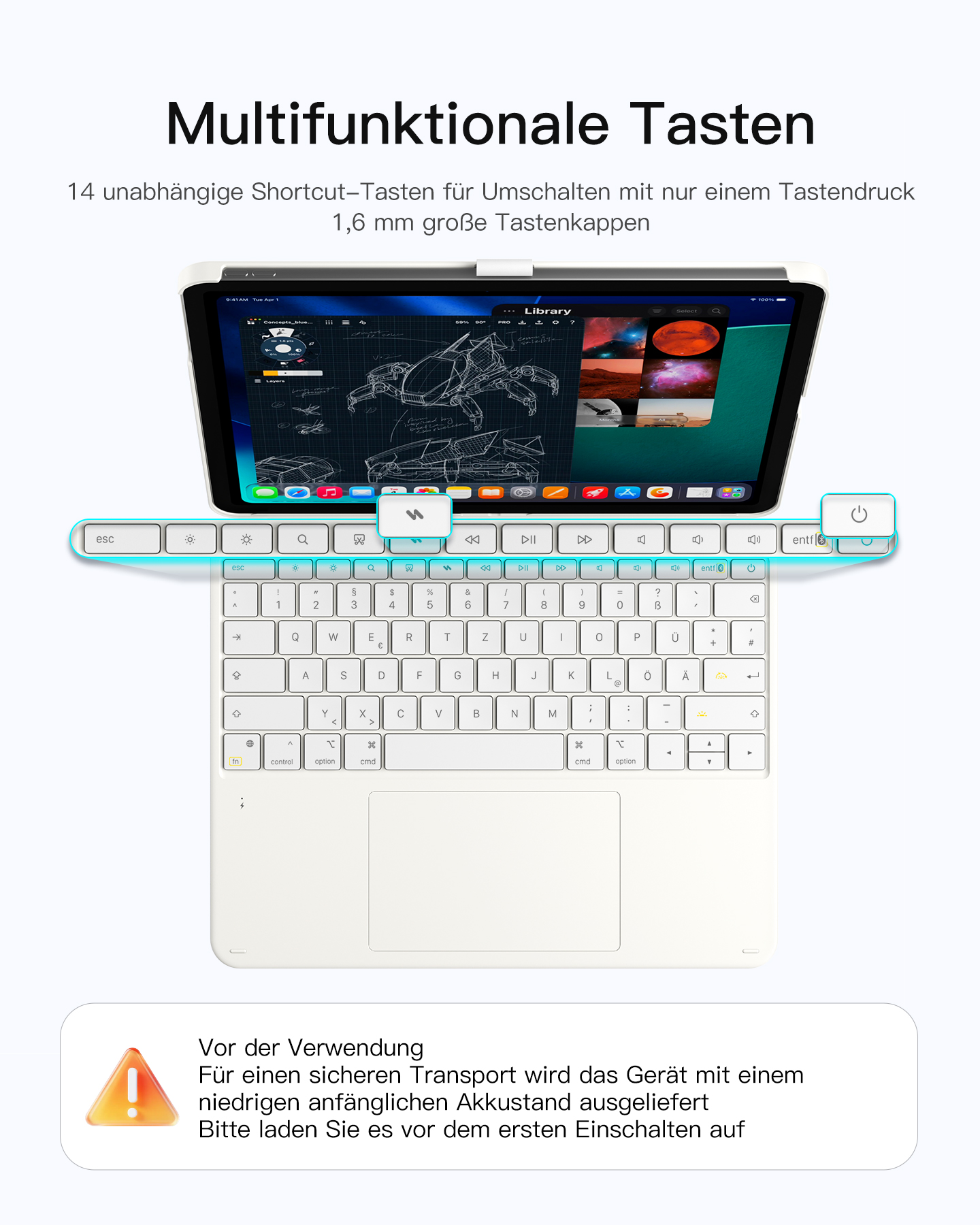 Ein weißes Tablet mit Tastatur. Oben ist der Text "Multifunktionale Tasten".