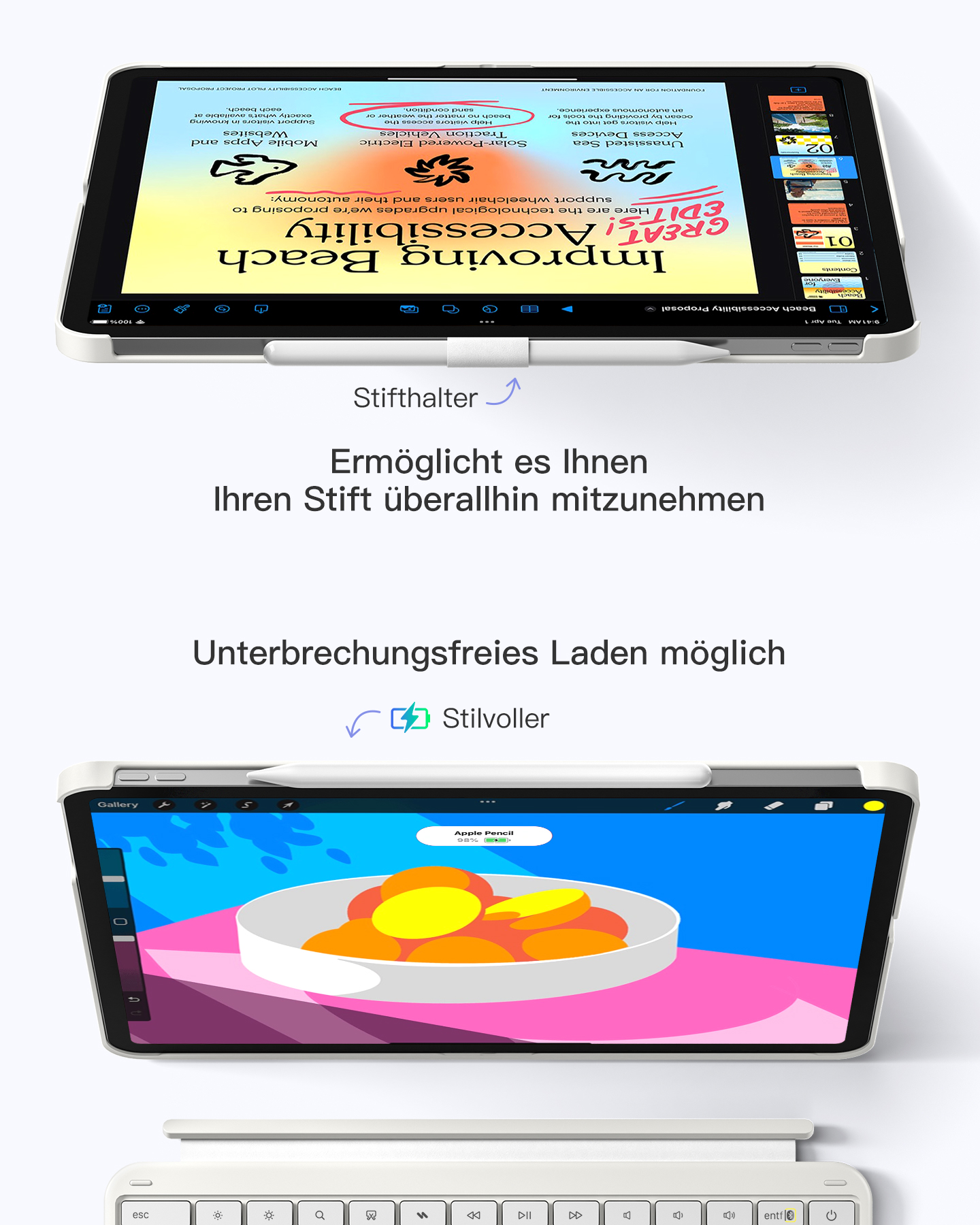 Ein Tablet mit Stifthalter und Tastatur. Der Bildschirm zeigt eine Präsentation zur Strandzugänglichkeit.