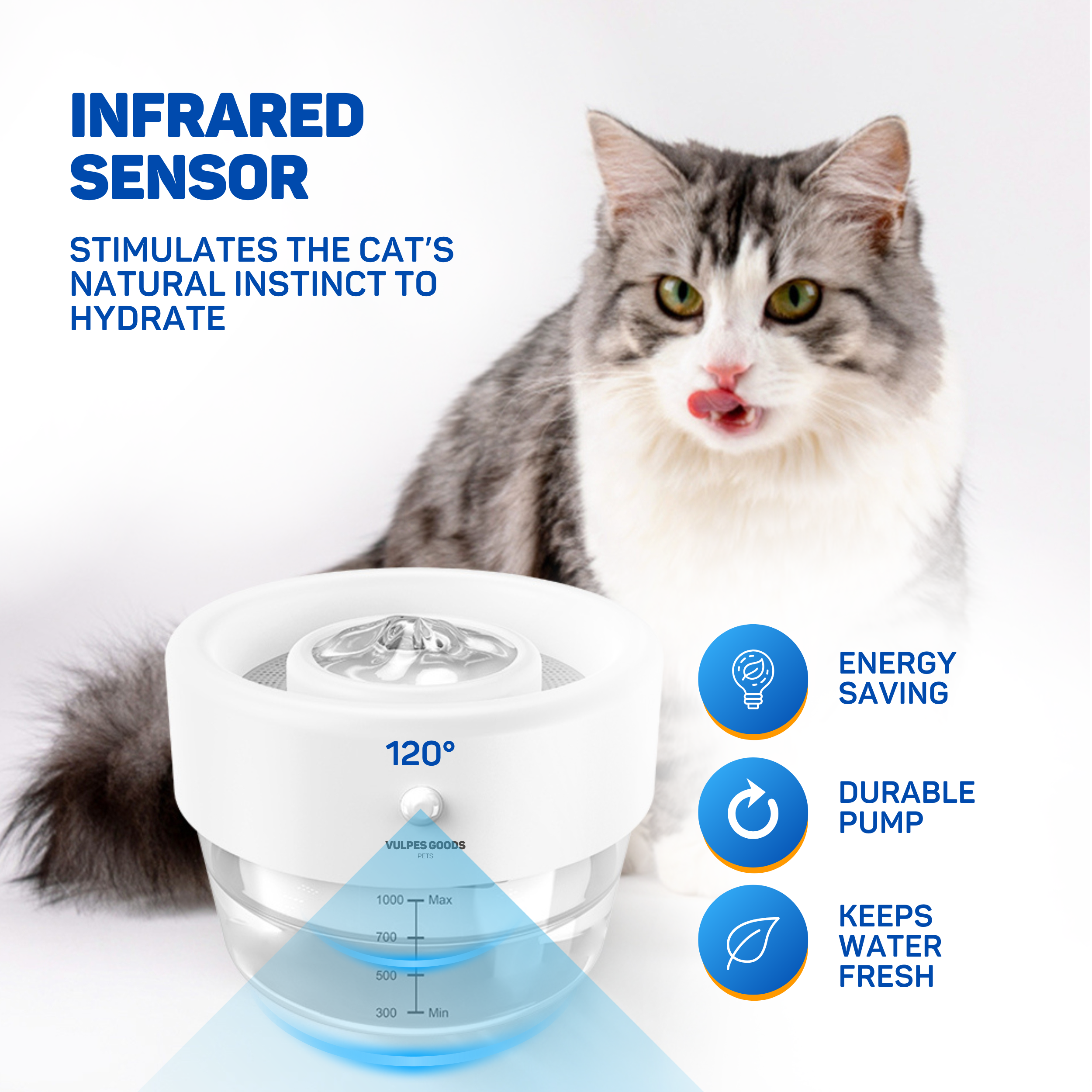 Eine Katze leckt sich die Lippen neben einem Wasserspender mit Sensor.
