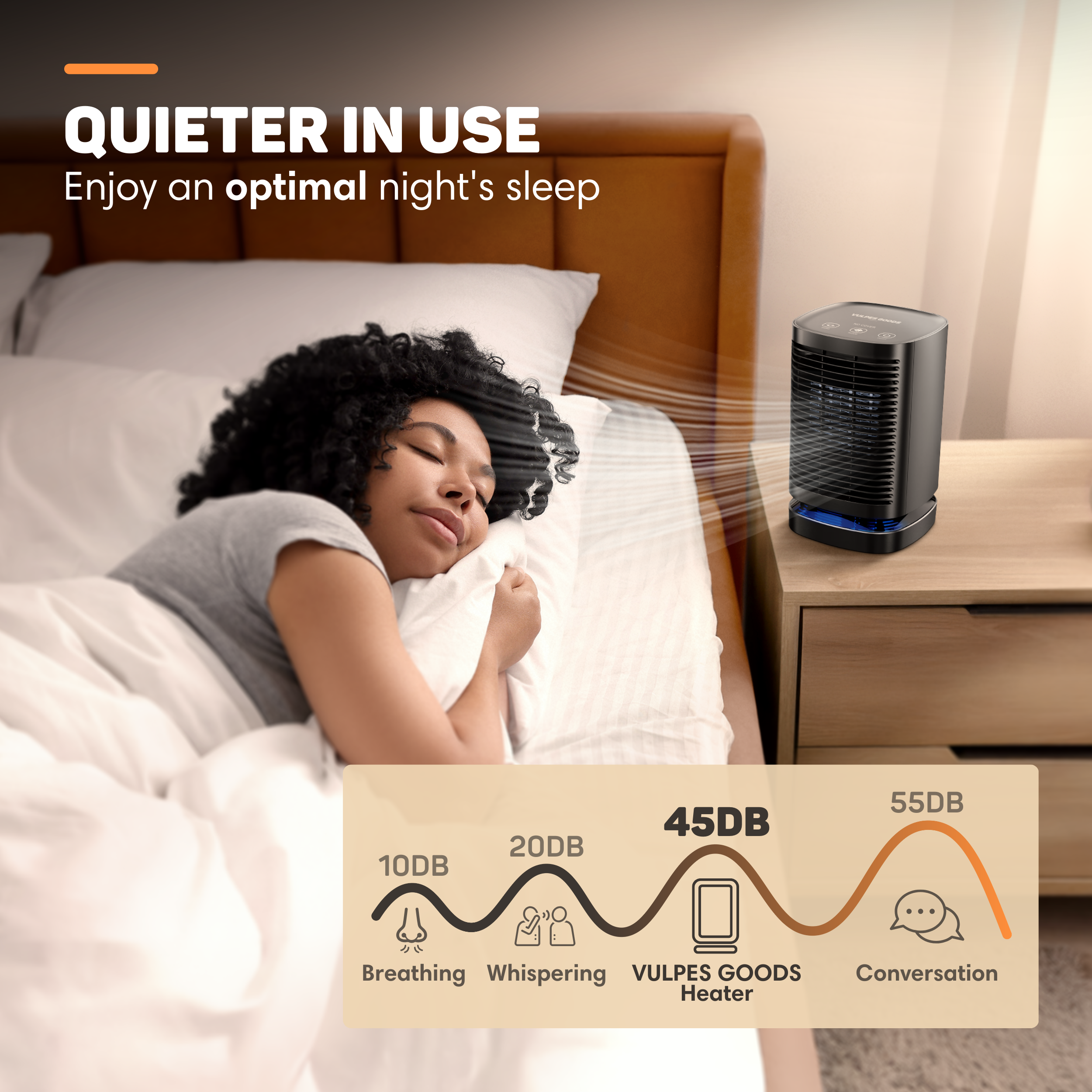 Eine Frau schläft im Bett, ein Heizlüfter steht auf dem Nachttisch.