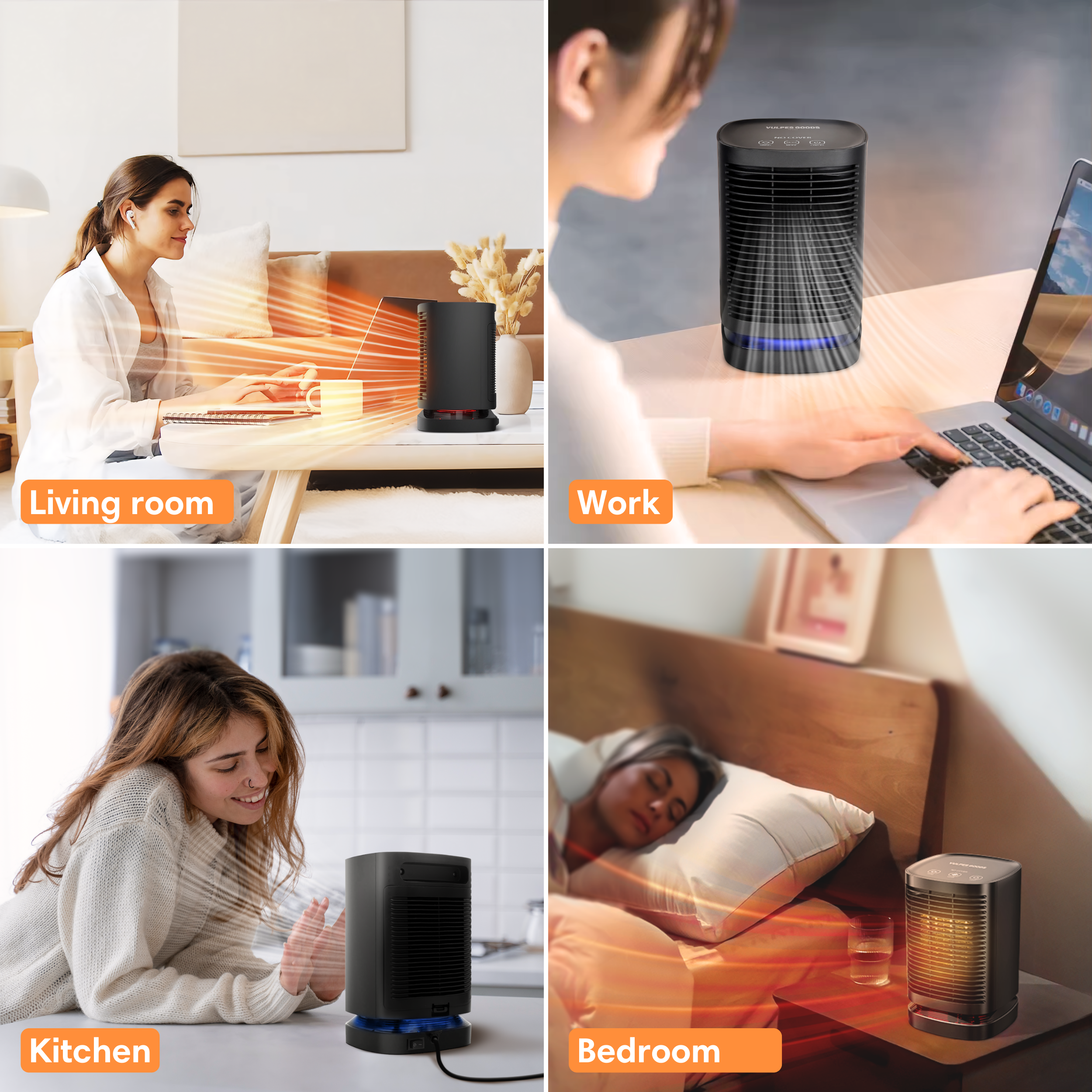Vier Szenen zeigen einen Heizlüfter in Wohnzimmer, Büro, Küche und Schlafzimmer.