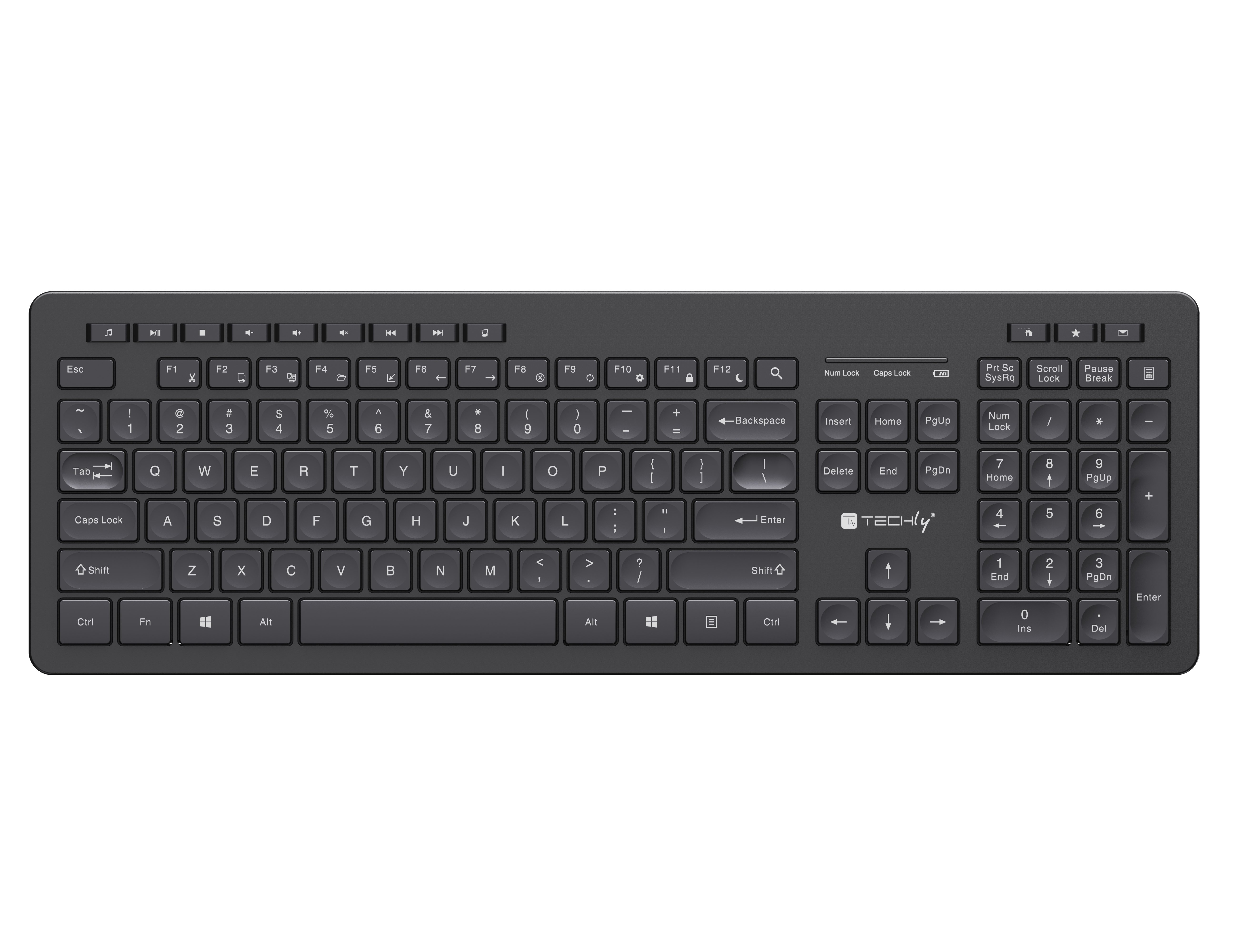 Una tastiera nera con layout QWERTZ, tastierino numerico e tasti multimediali.