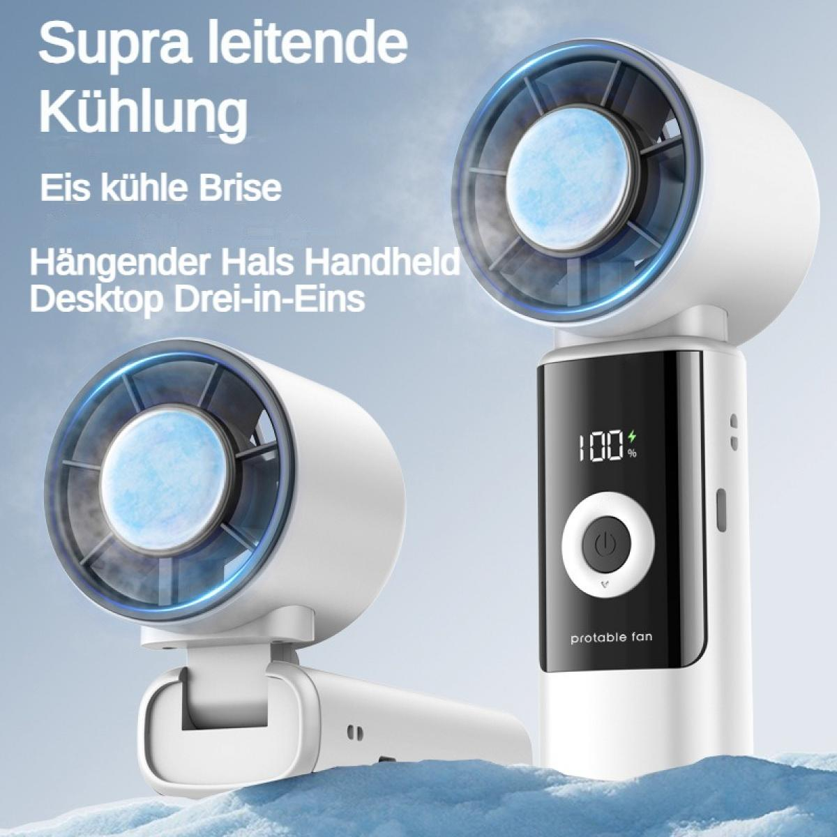 Zwei weiße tragbare Ventilatoren mit blauen Lichtern und digitaler Anzeige.