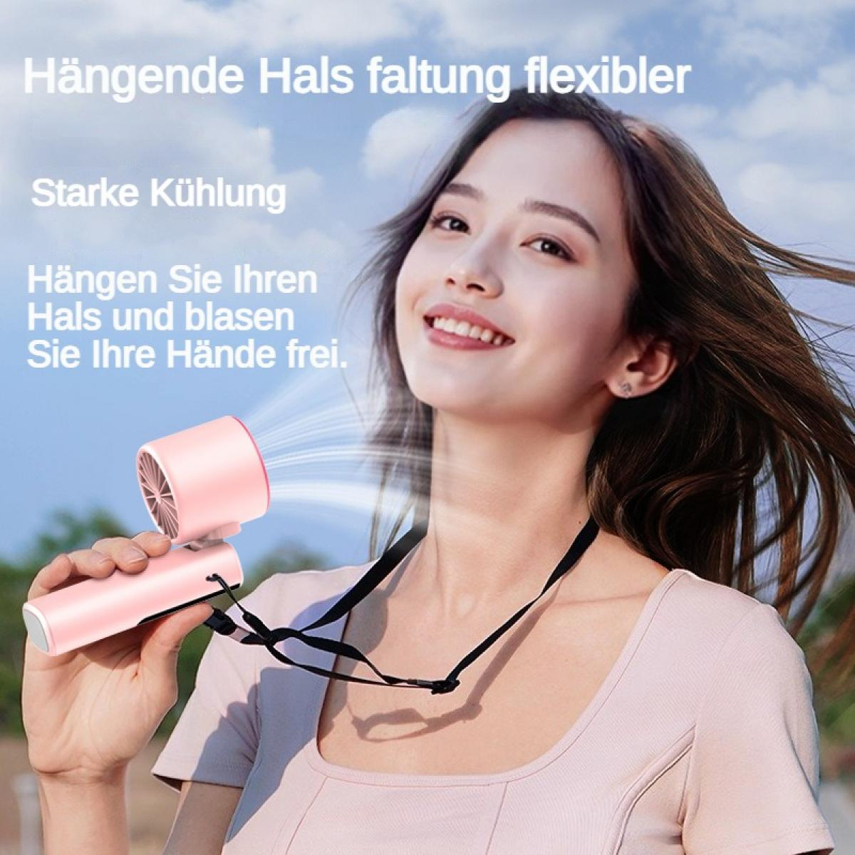 Frau mit einem rosafarbenen Nackenfächer, der kühle Luft bläst.
