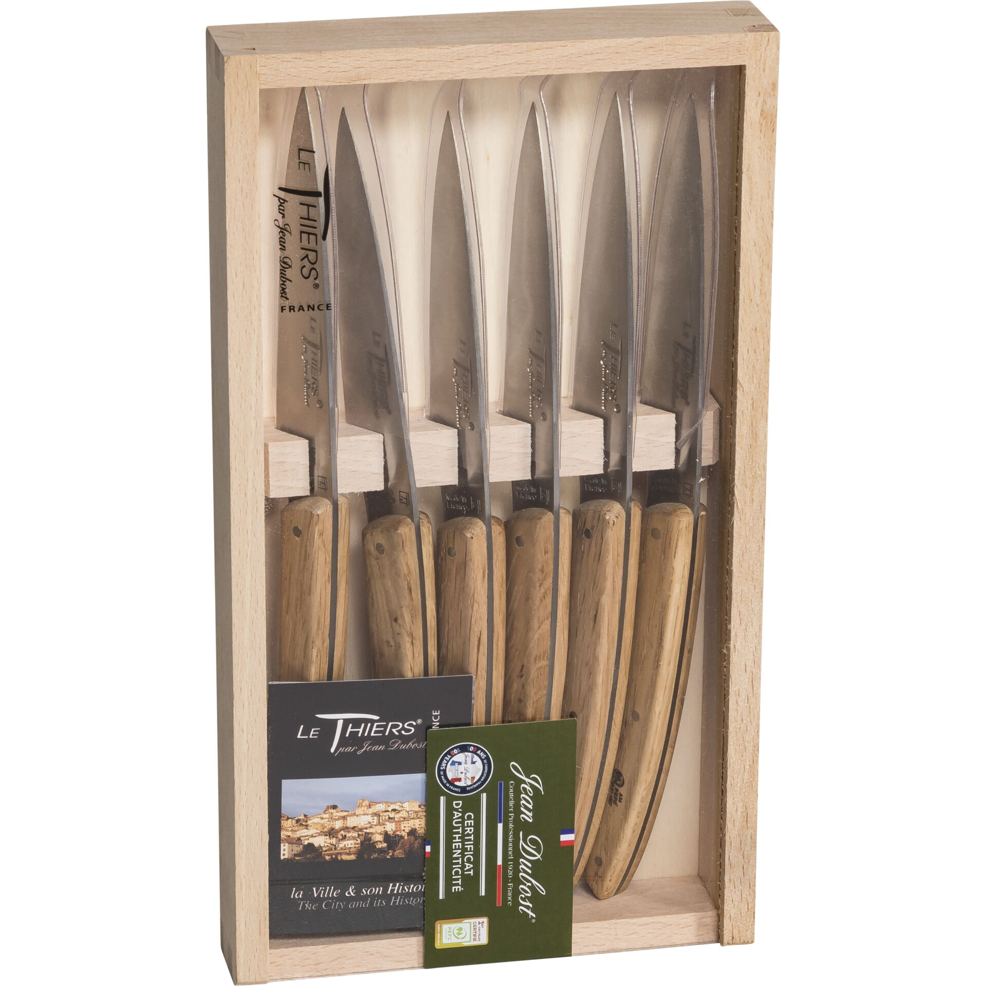 Ein Holzkasten mit sechs Messern mit Holzgriffen und Metallklingen.